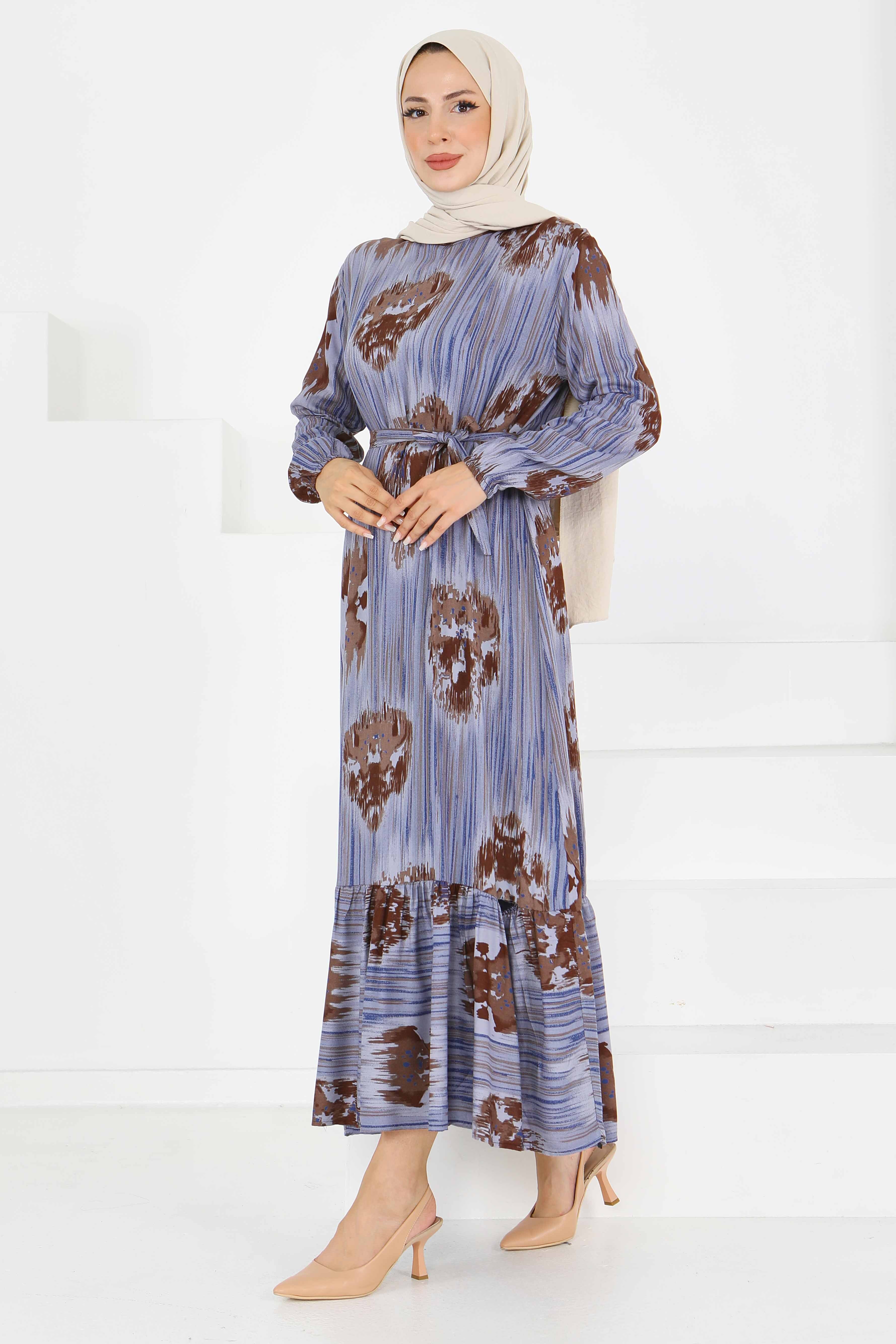 Desenli Kuşaklı Elbise - 27558 - 1