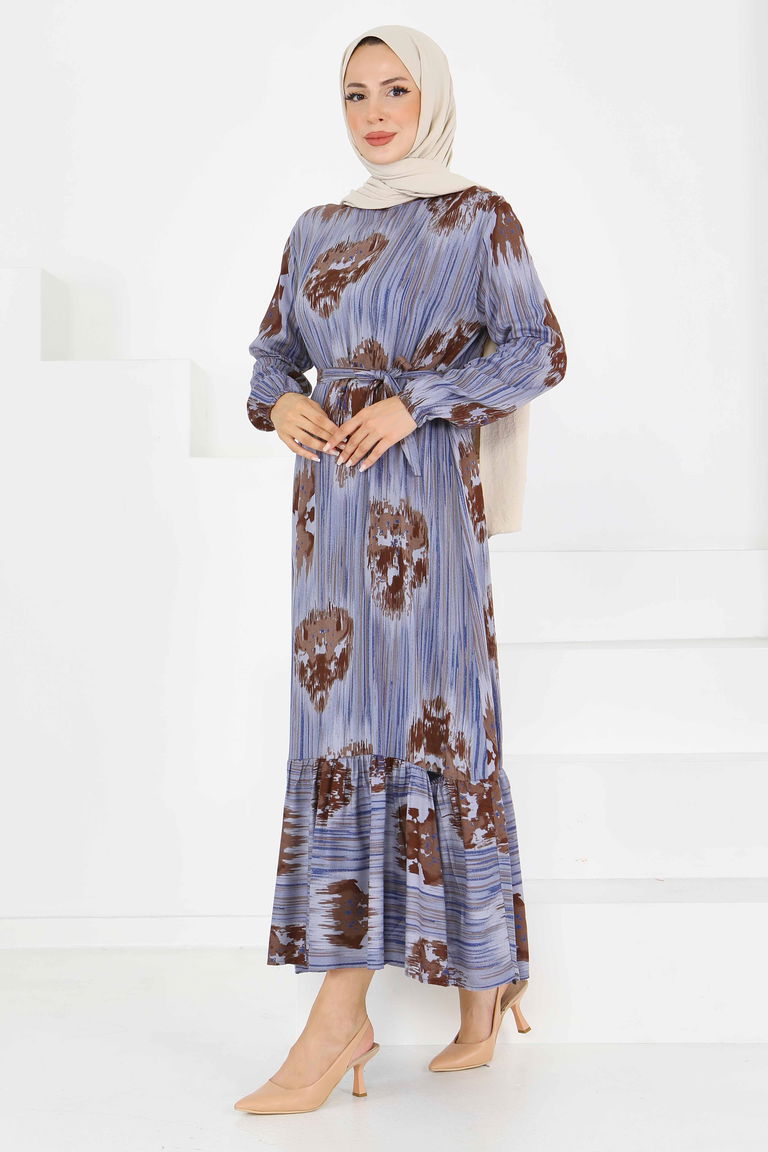 Desenli Kuşaklı Elbise - 27558 - TOFİSA