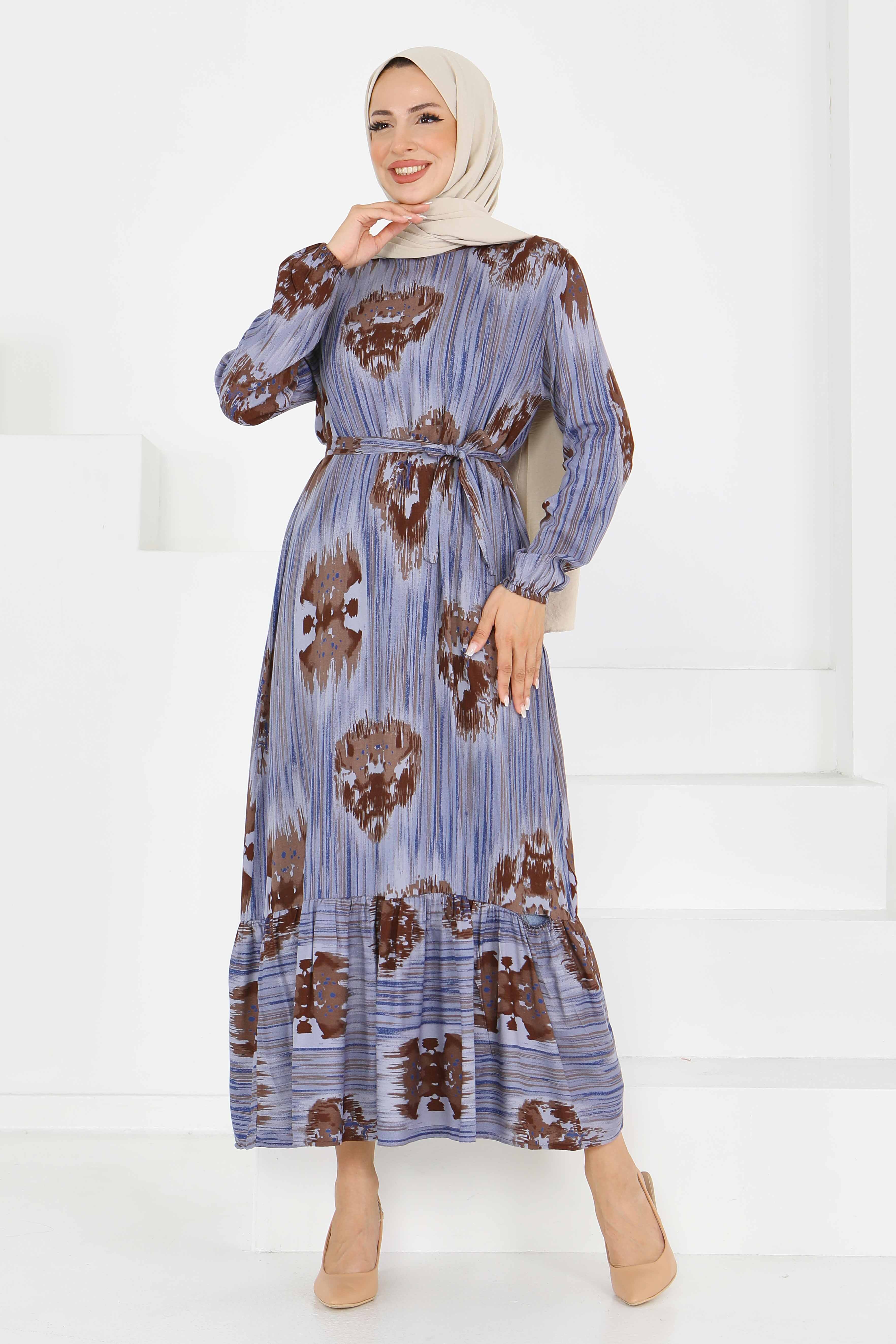 Desenli Kuşaklı Elbise - 27558 - 2