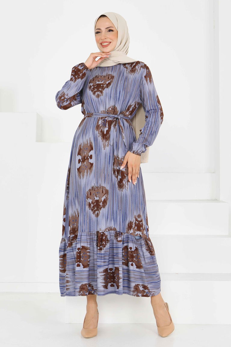 Desenli Kuşaklı Elbise - 27558 - TOFİSA