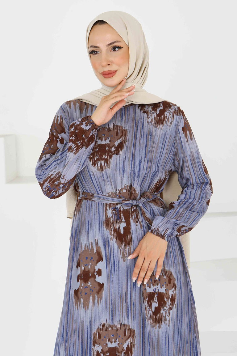 Desenli Kuşaklı Elbise - 27558 - TOFİSA