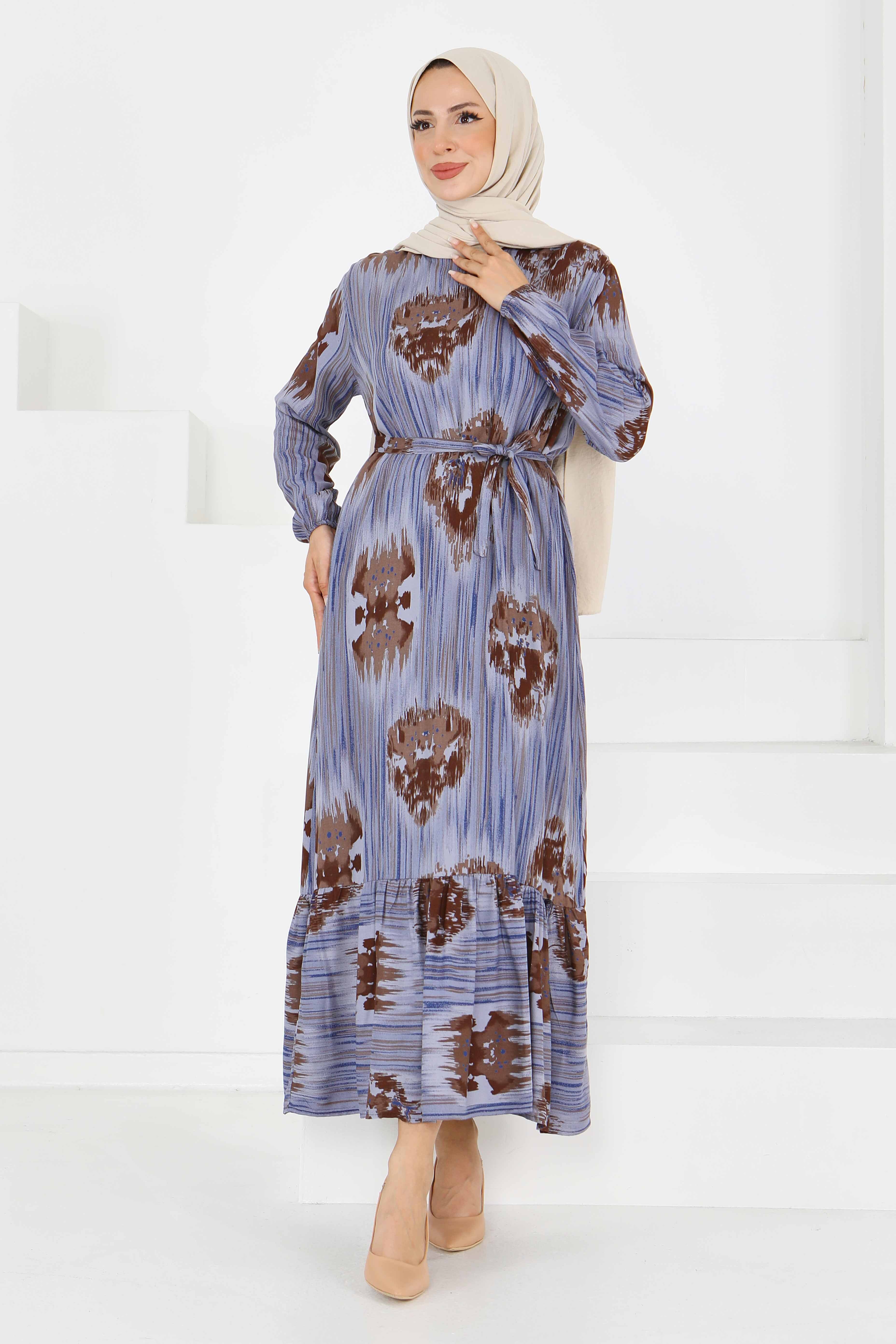 Desenli Kuşaklı Elbise - 27558 - 4