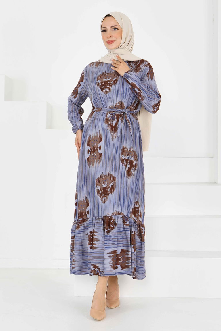 Desenli Kuşaklı Elbise - 27558 - TOFİSA