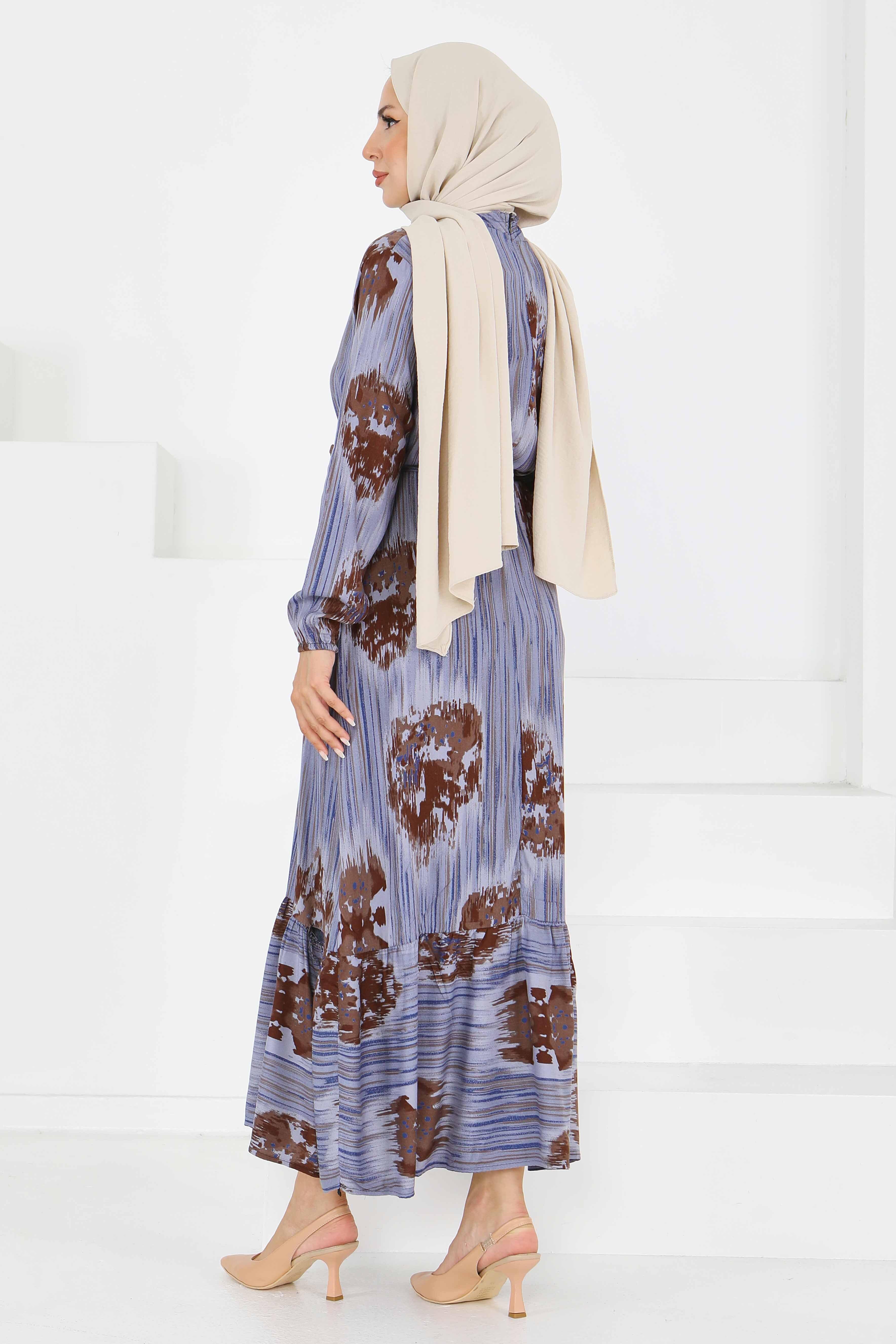 Desenli Kuşaklı Elbise - 27558 - 5