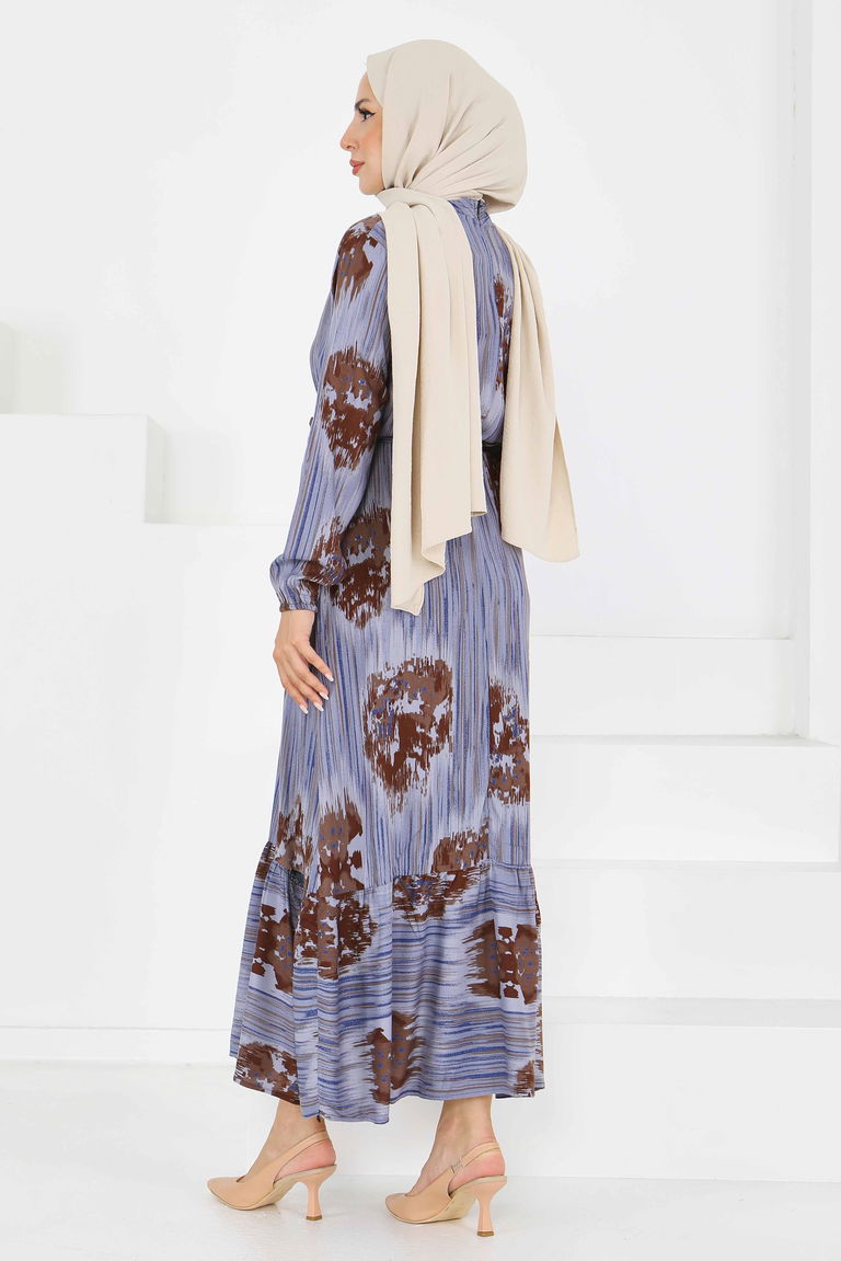 Desenli Kuşaklı Elbise - 27558 - TOFİSA