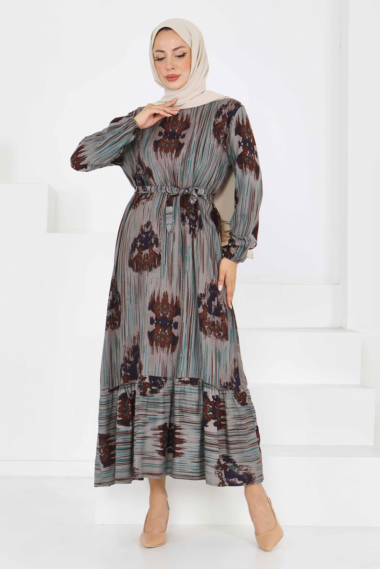 Desenli Kuşaklı Elbise - 27558 - TOFİSA