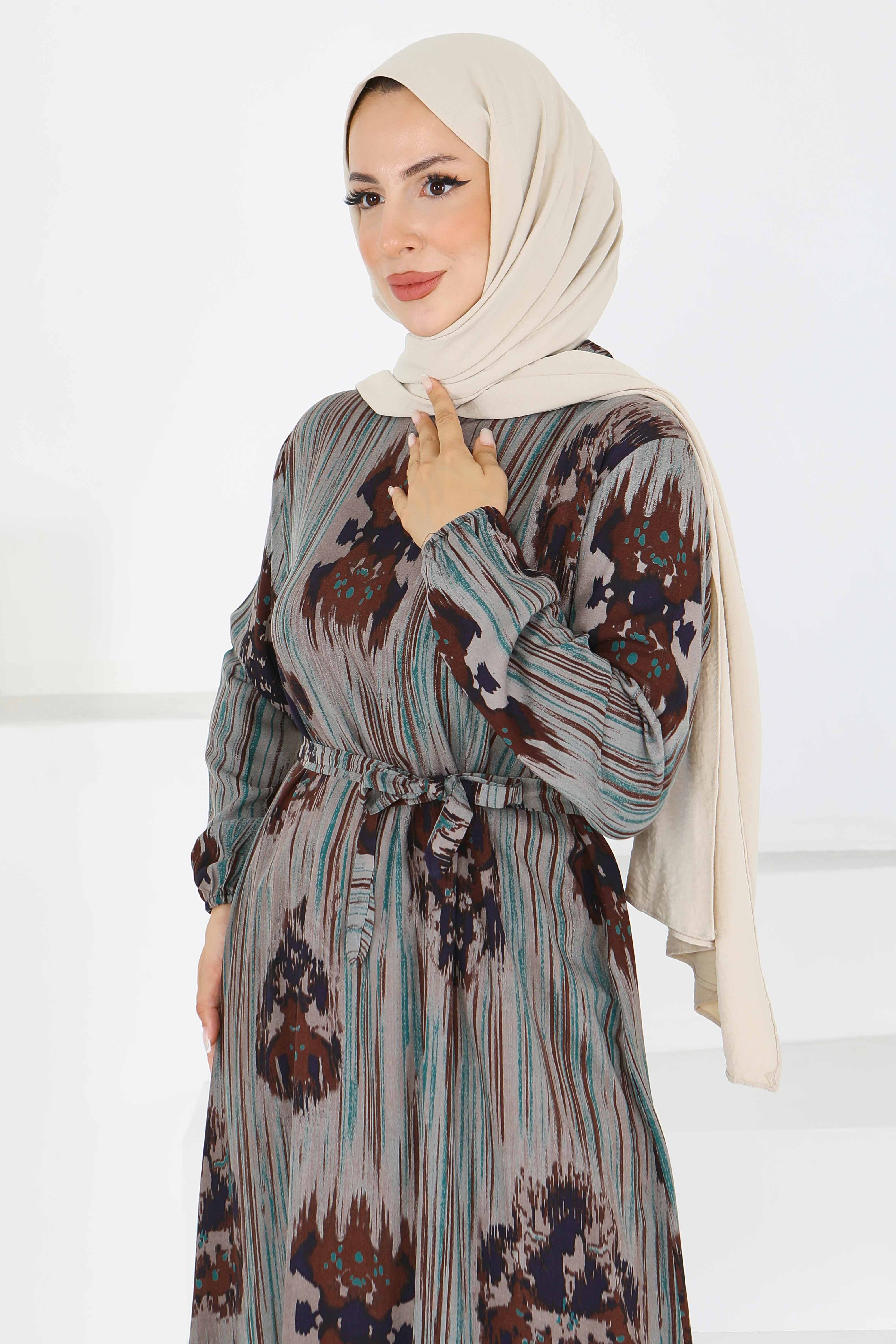 Desenli Kuşaklı Elbise - 27558 - 3