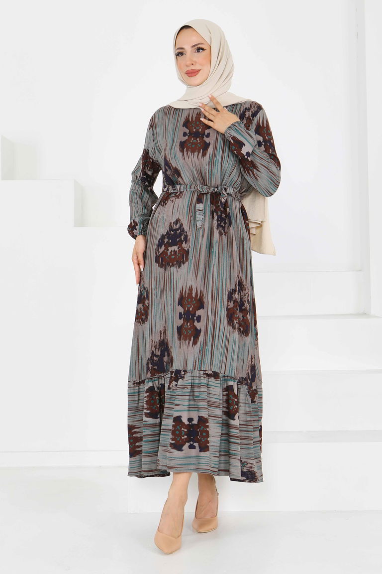 Desenli Kuşaklı Elbise - 27558 - TOFİSA