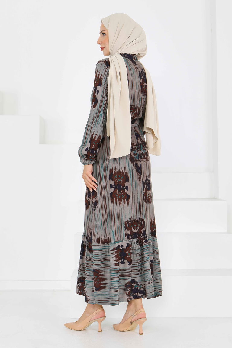 Desenli Kuşaklı Elbise - 27558 - TOFİSA