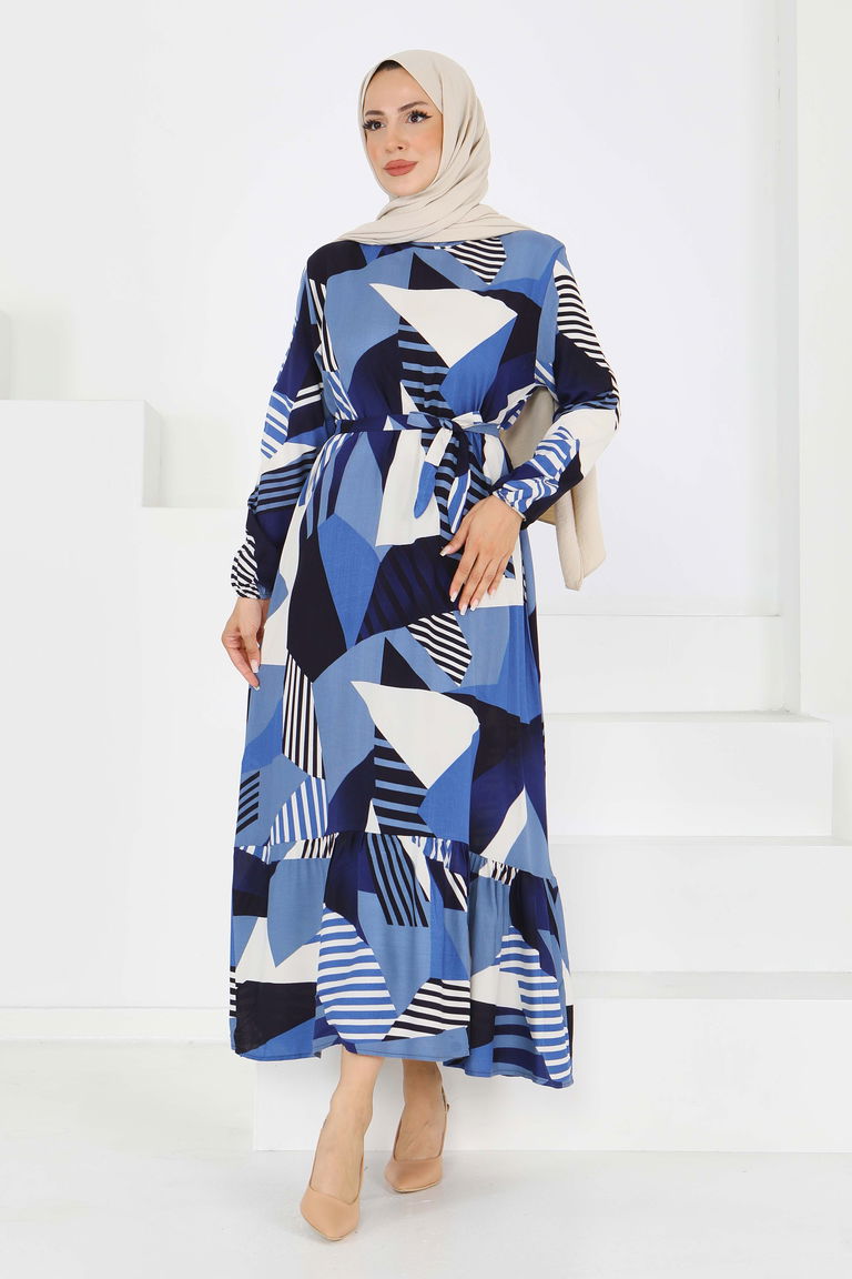 Desenli Kuşaklı Elbise - 27517 - TOFİSA