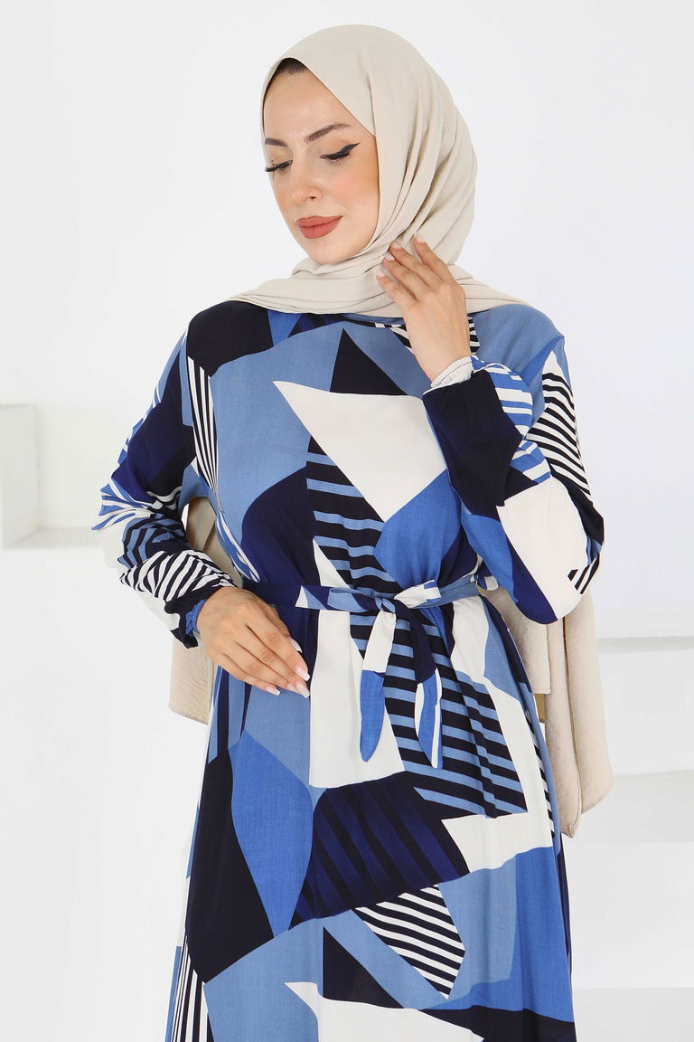 Desenli Kuşaklı Elbise - 27517 - TOFİSA