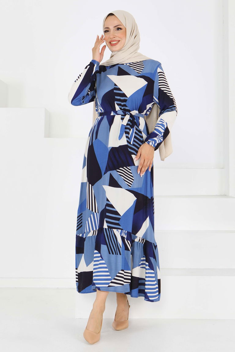 Desenli Kuşaklı Elbise - 27517 - TOFİSA