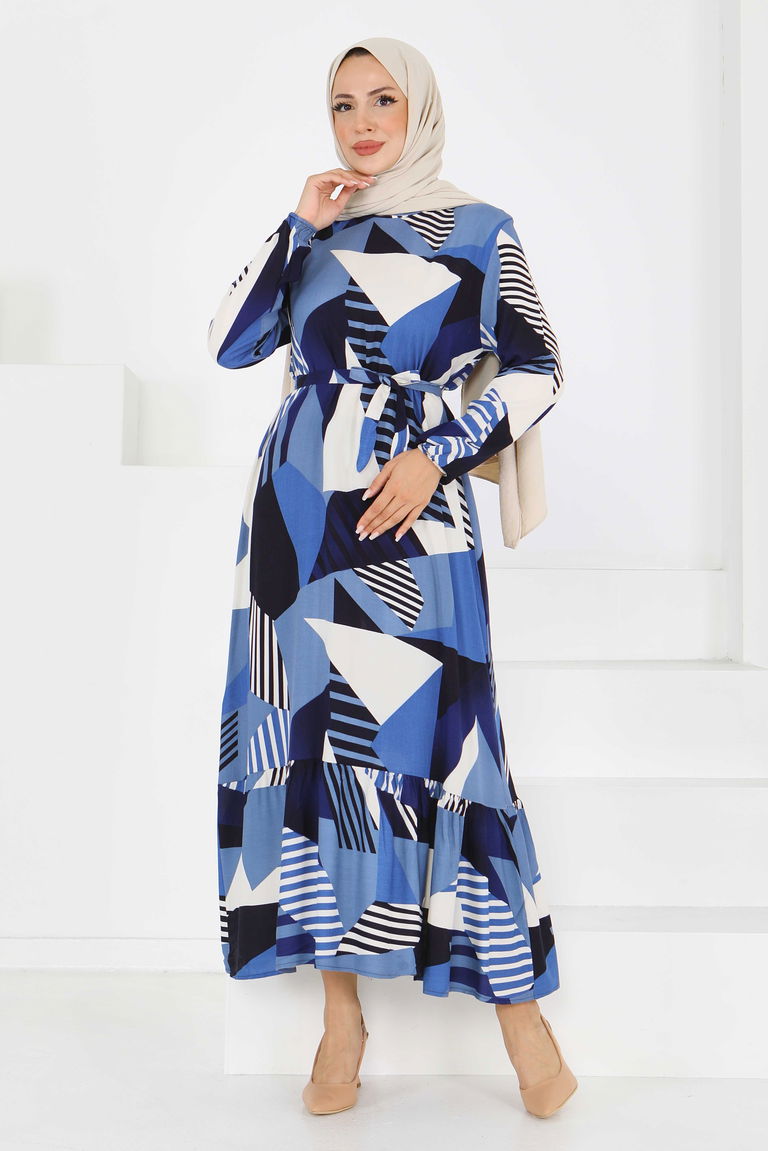 Desenli Kuşaklı Elbise - 27517 - TOFİSA