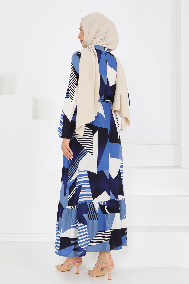 Desenli Kuşaklı Elbise - 27517 - TOFİSA