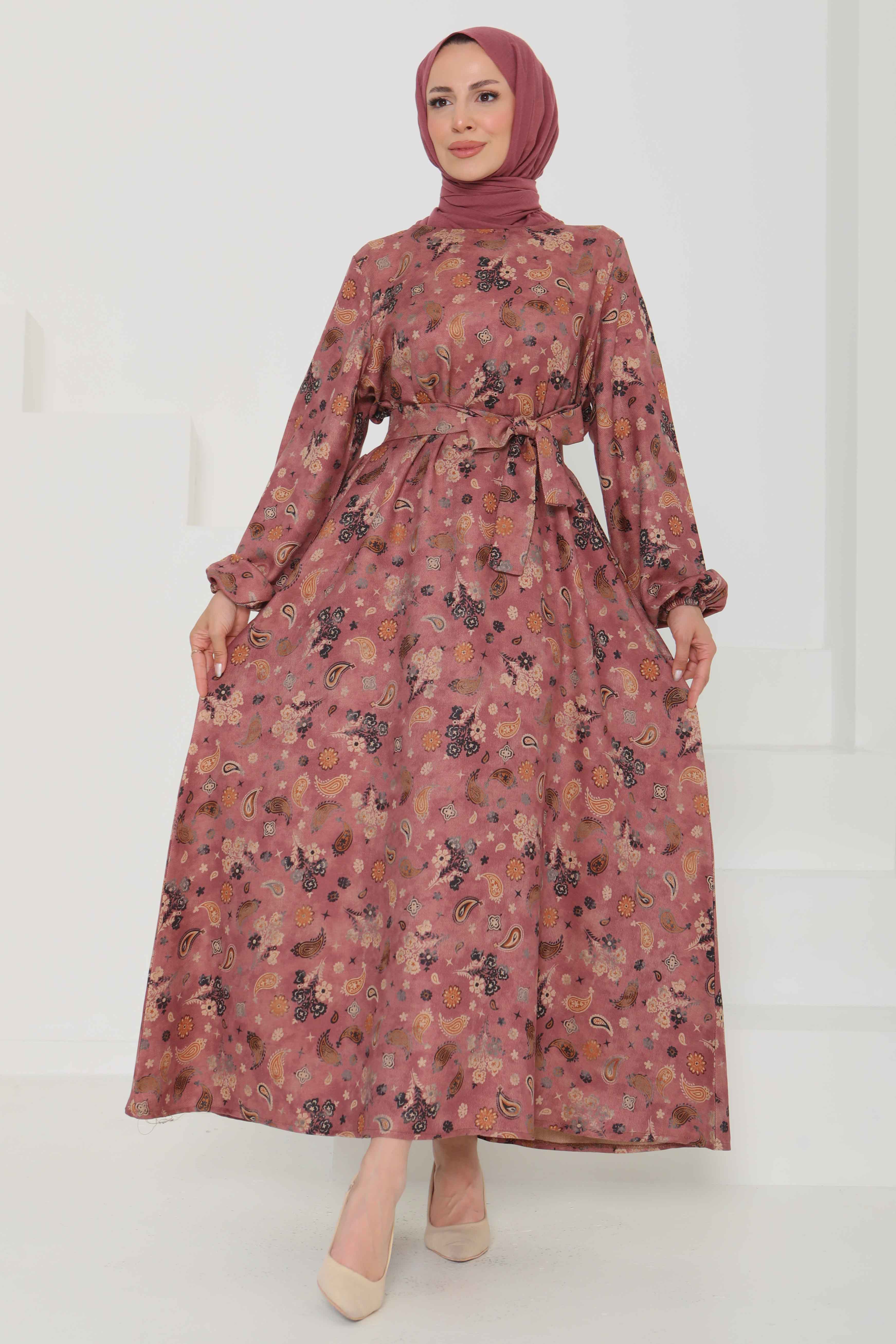 Desenli Kuşaklı Elbise - 27101 - 1