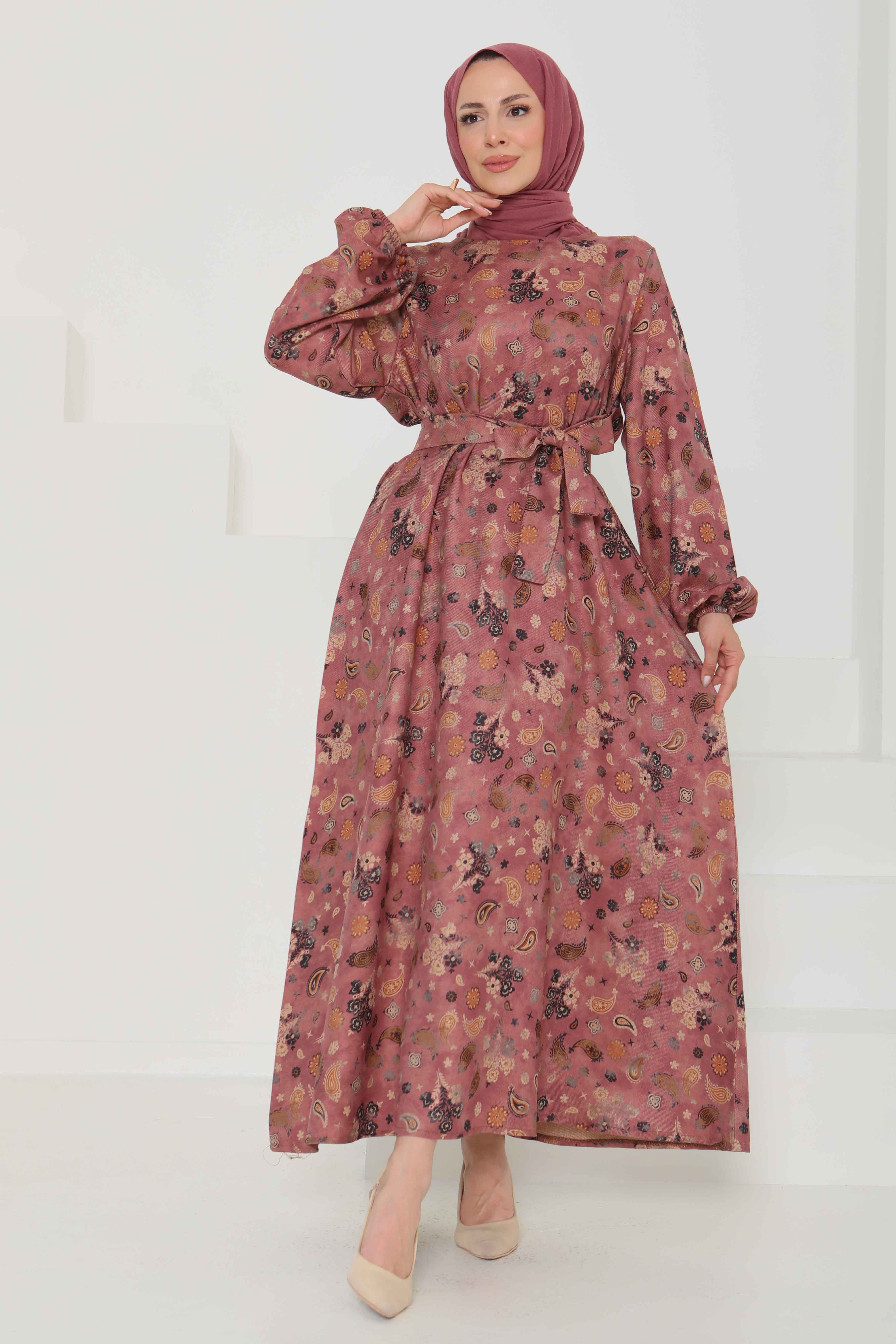 Desenli Kuşaklı Elbise - 27101 - 2