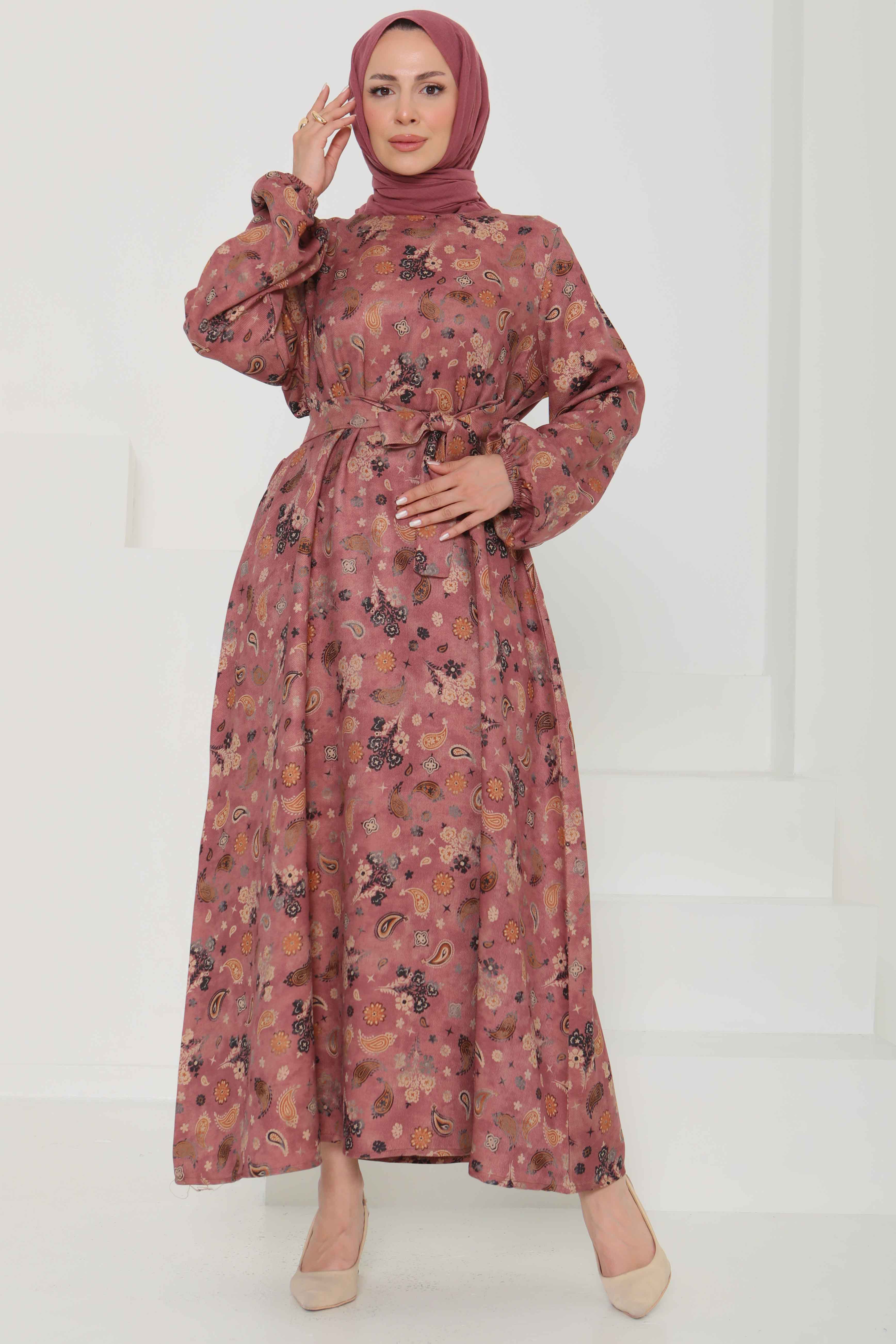 Desenli Kuşaklı Elbise - 27101 - 3