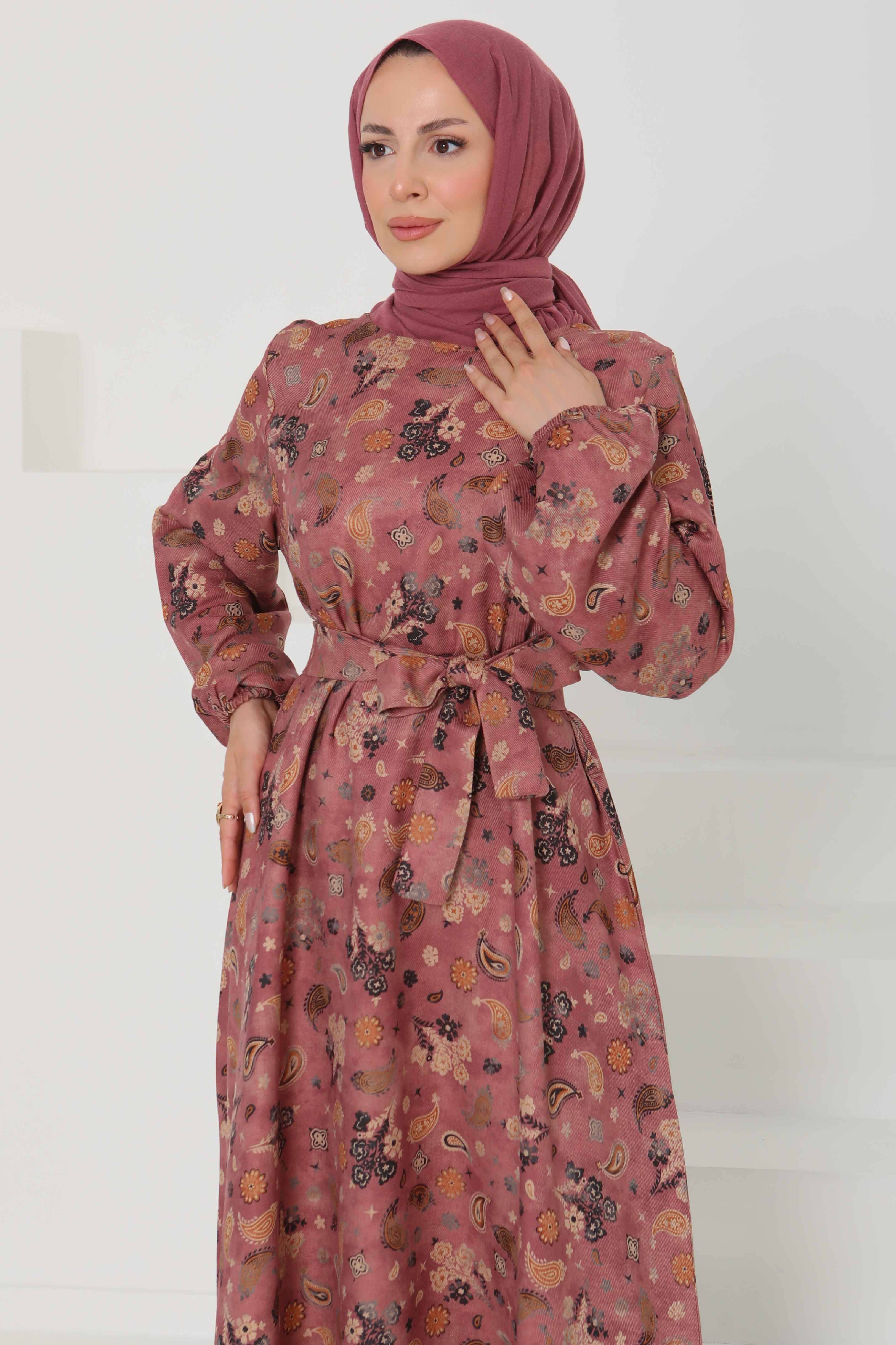 Desenli Kuşaklı Elbise - 27101 - 4