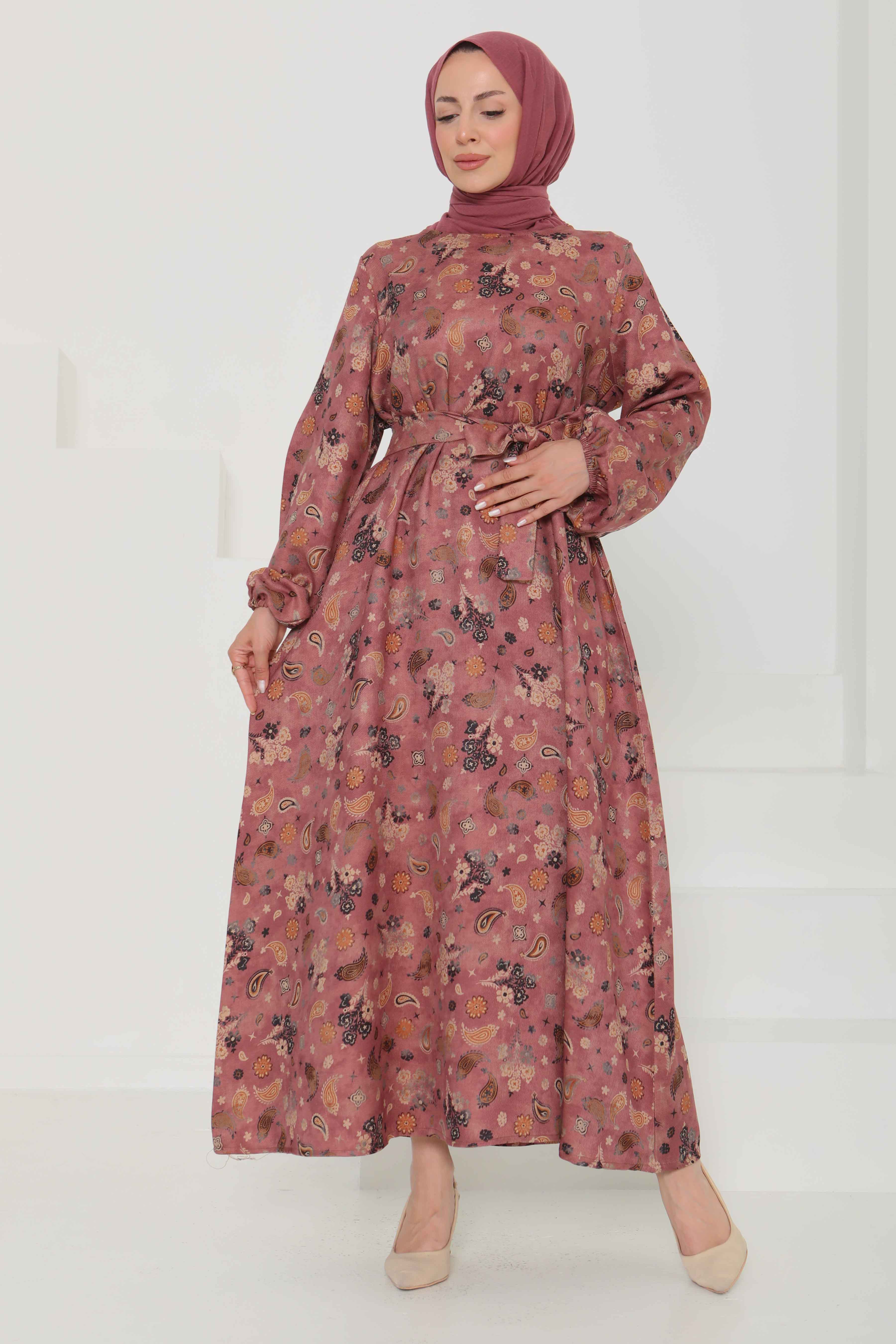 Desenli Kuşaklı Elbise - 27101 - 5