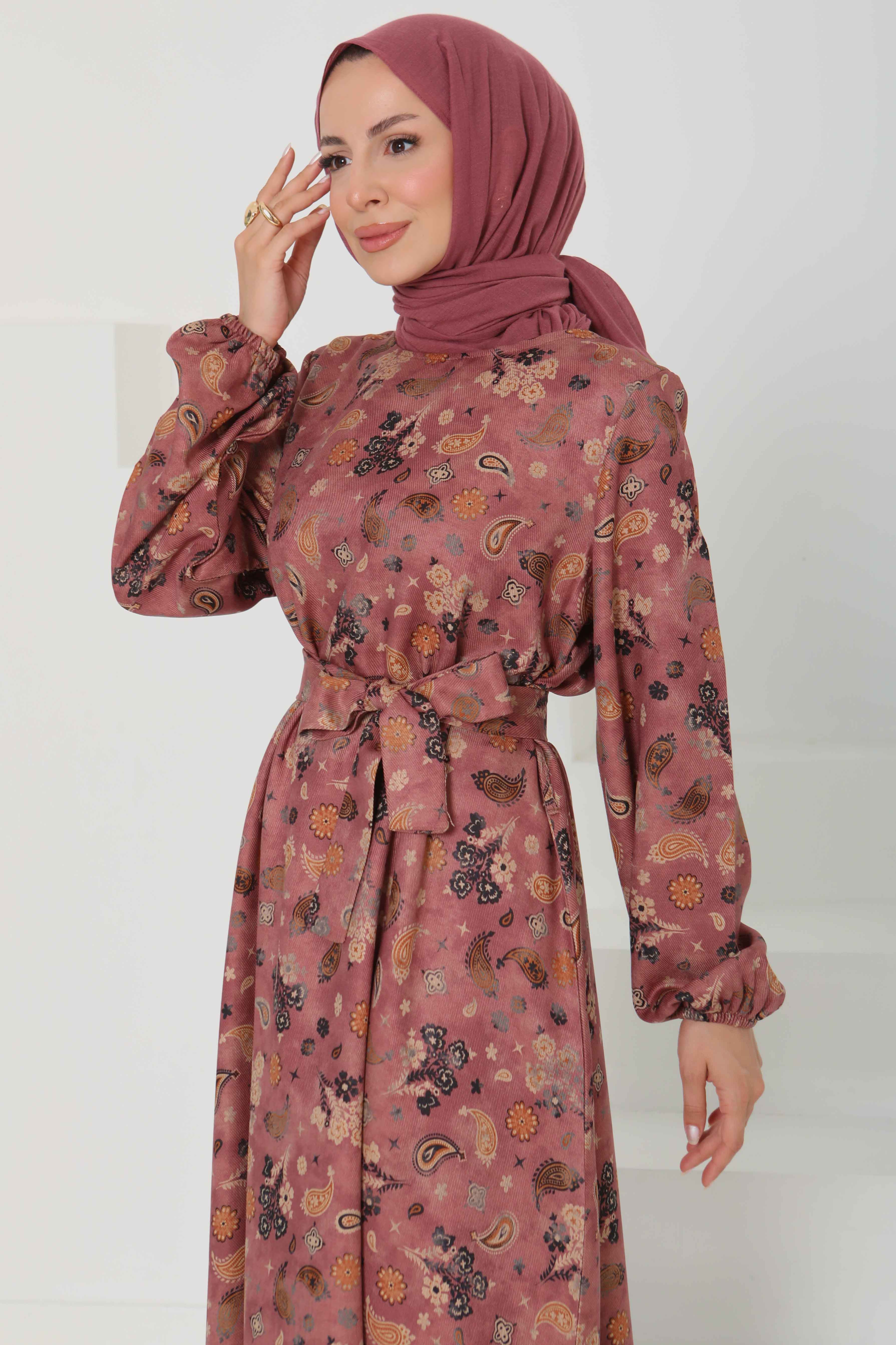 Desenli Kuşaklı Elbise - 27101 - 6