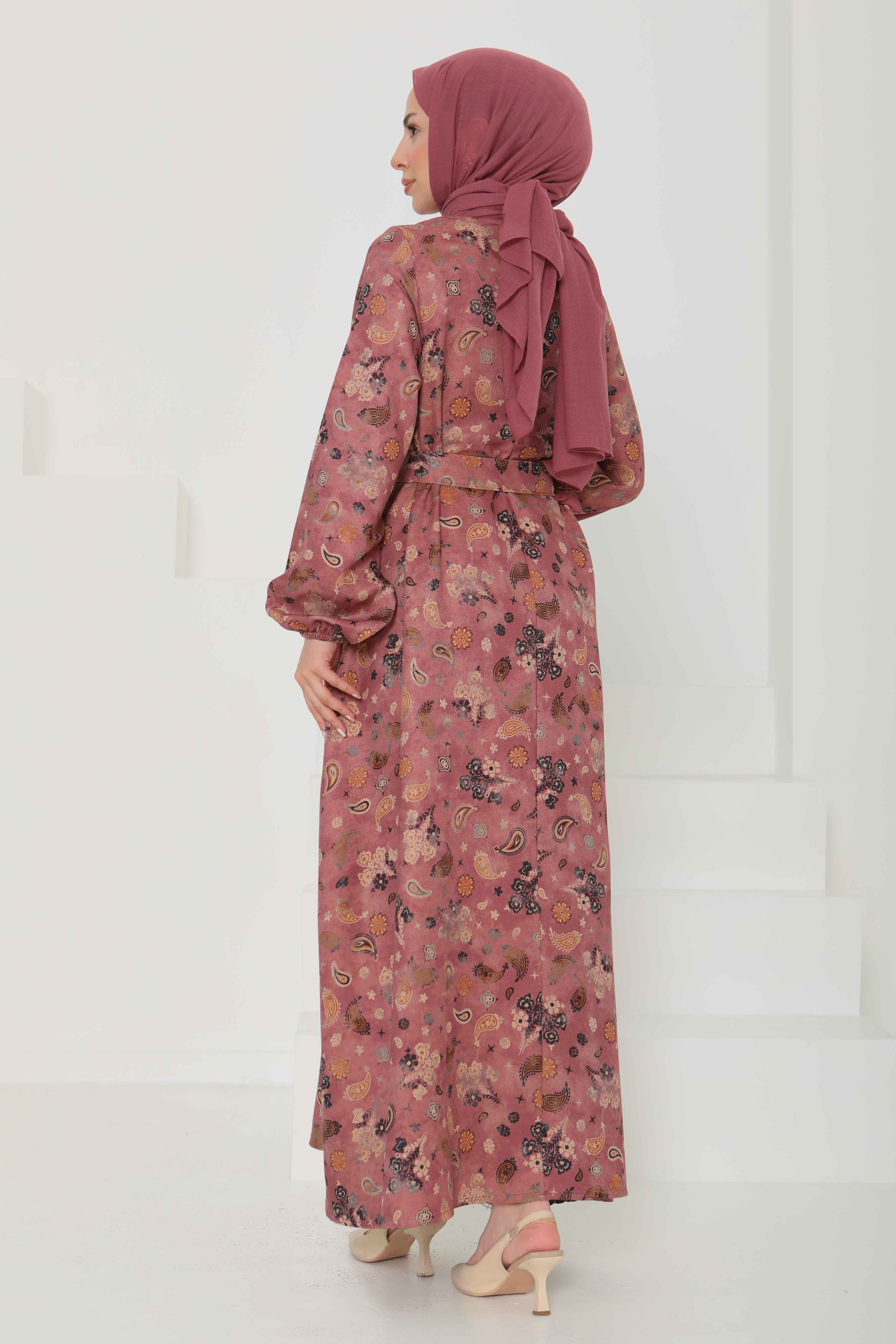 Desenli Kuşaklı Elbise - 27101 - 7
