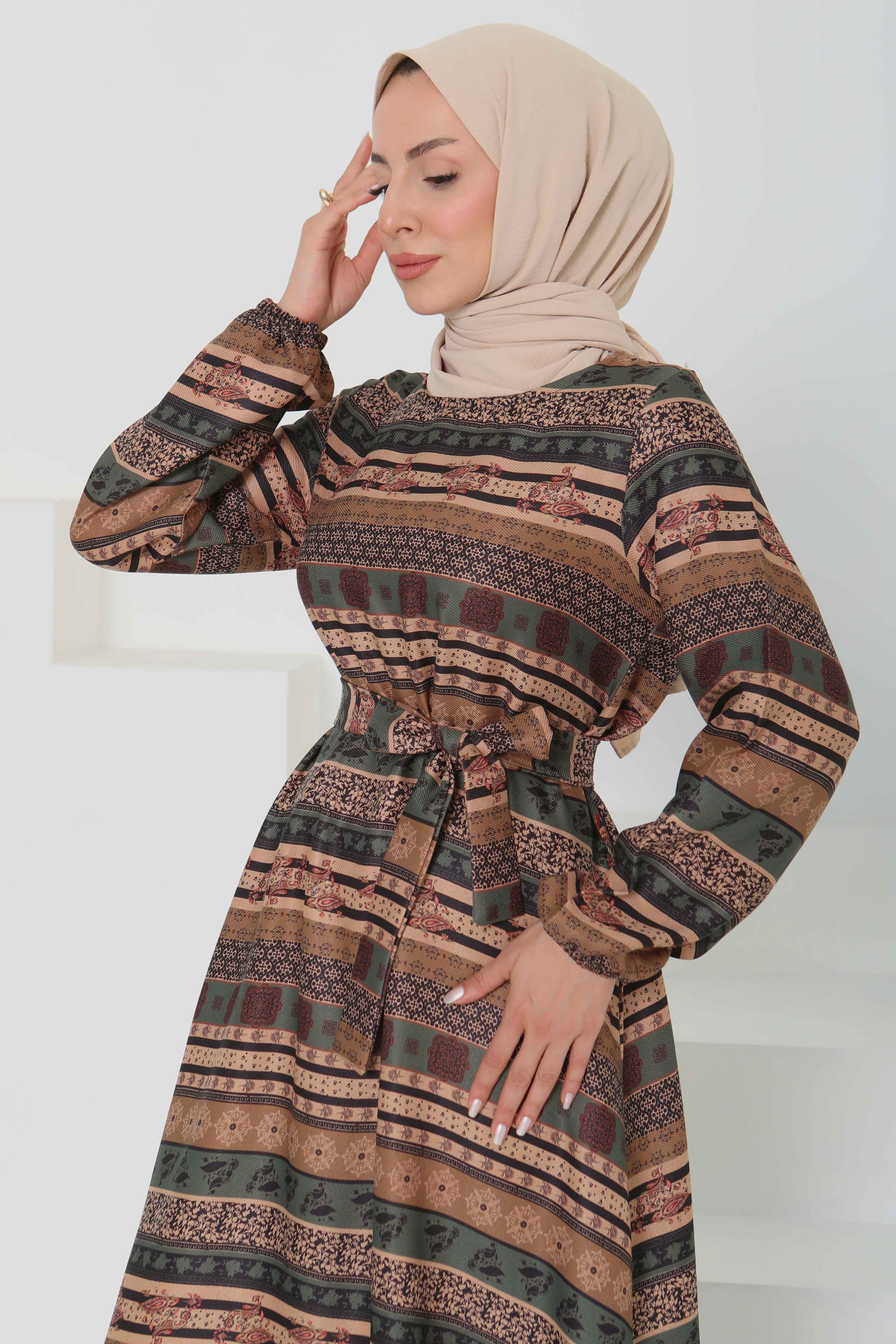 Desenli Kuşaklı Elbise - 27106 - 5