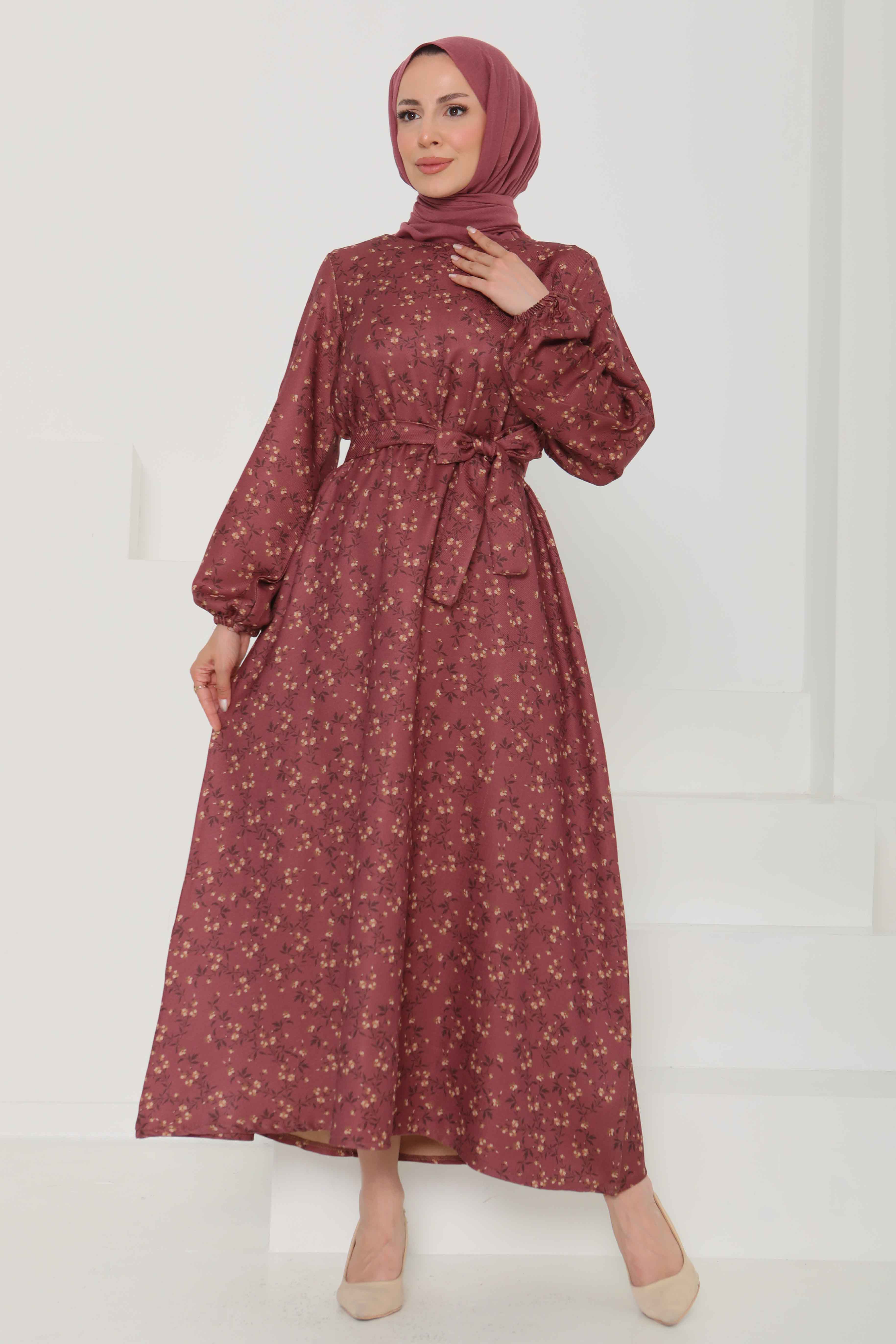 Desenli Kuşaklı Elbise - 27107 - 1