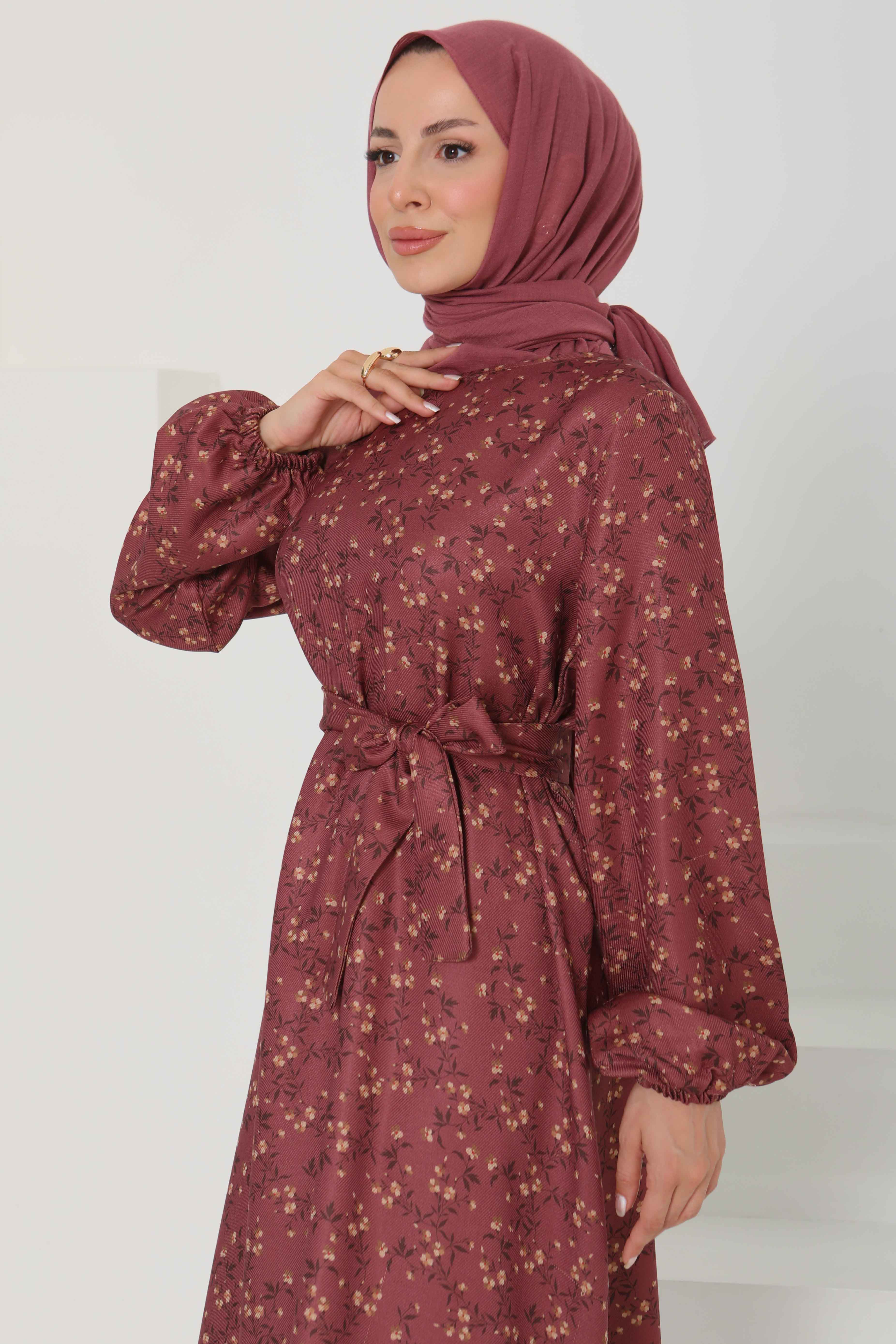 Desenli Kuşaklı Elbise - 27107 - 2