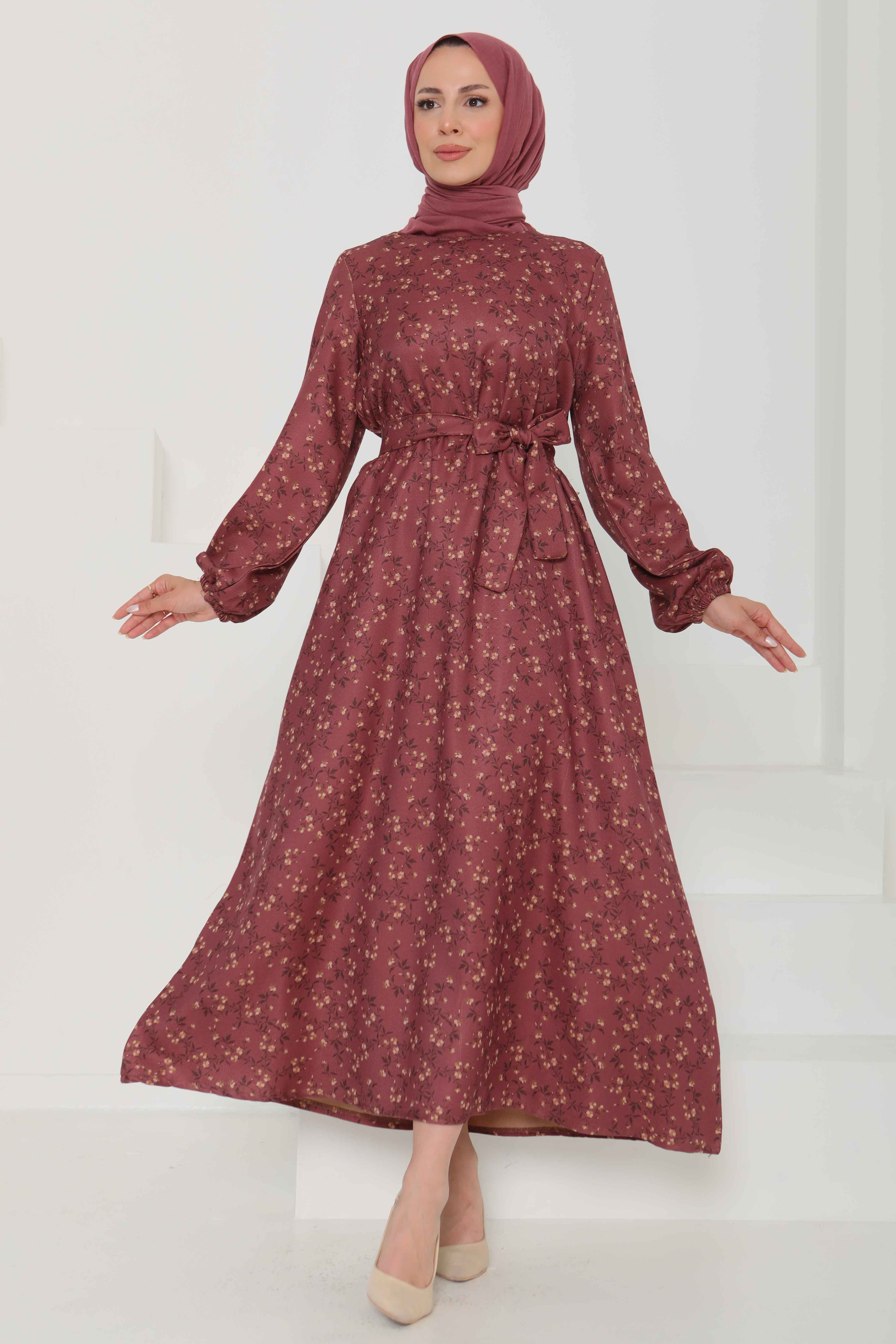Desenli Kuşaklı Elbise - 27107 - 3