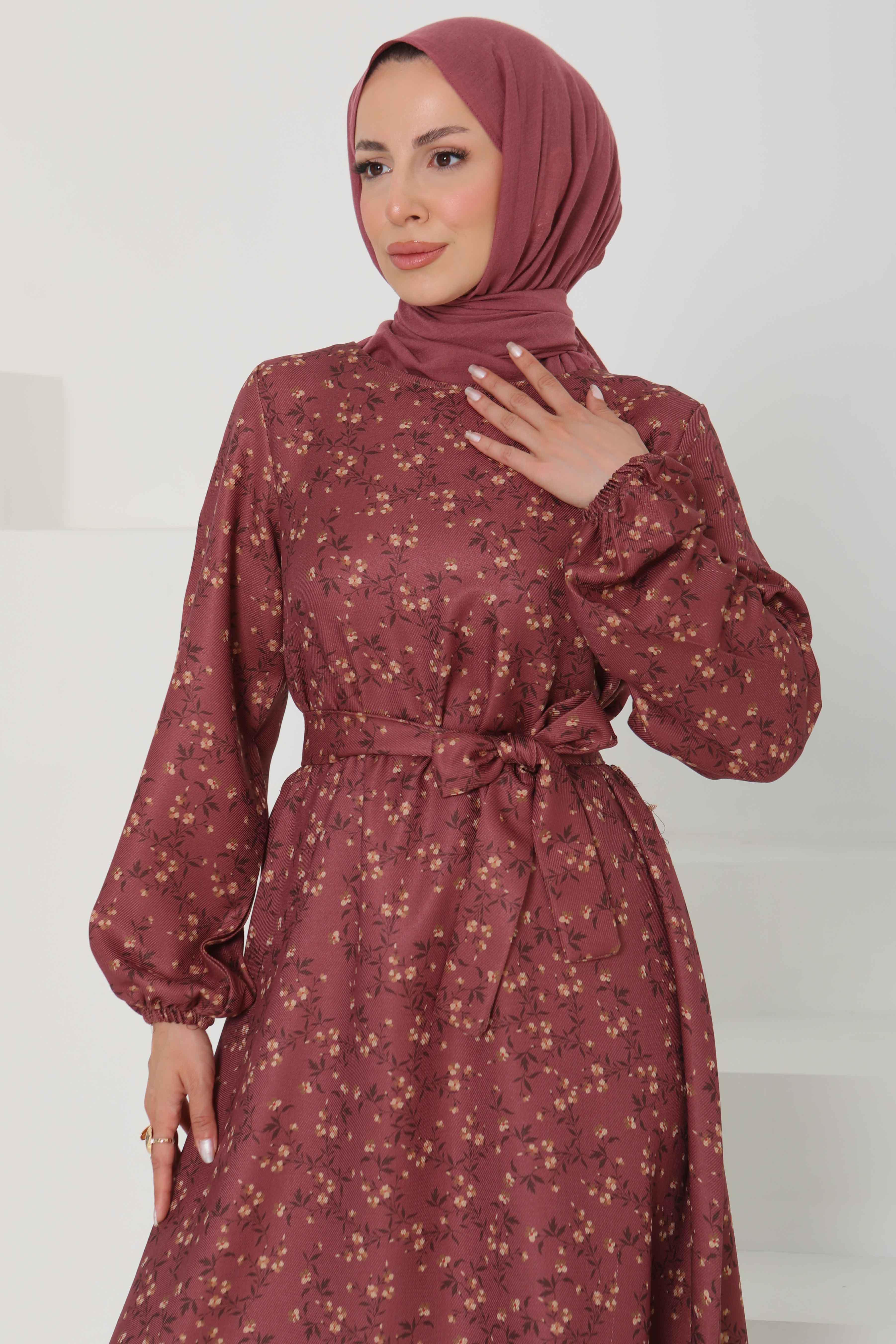 Desenli Kuşaklı Elbise - 27107 - 4