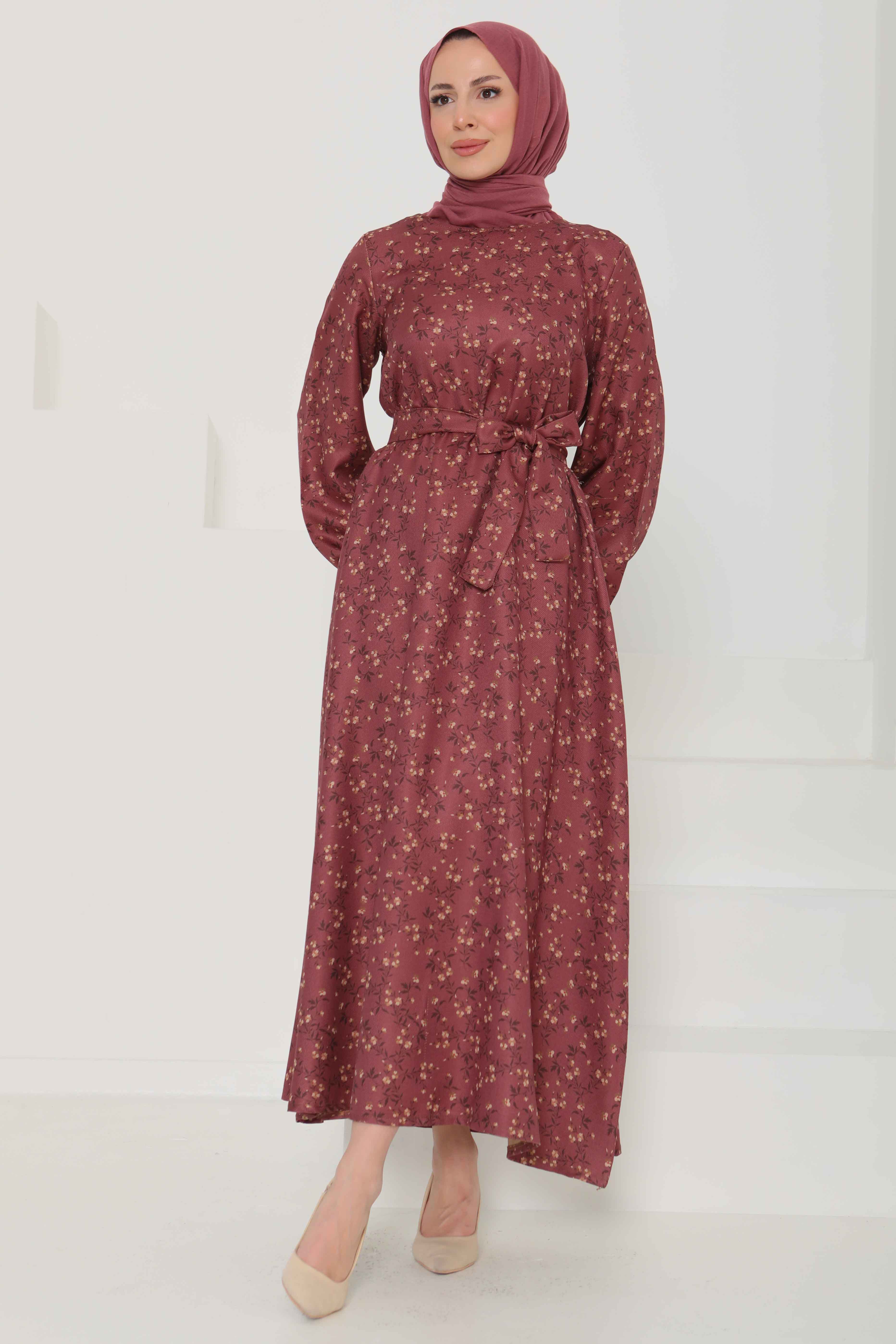 Desenli Kuşaklı Elbise - 27107 - 5