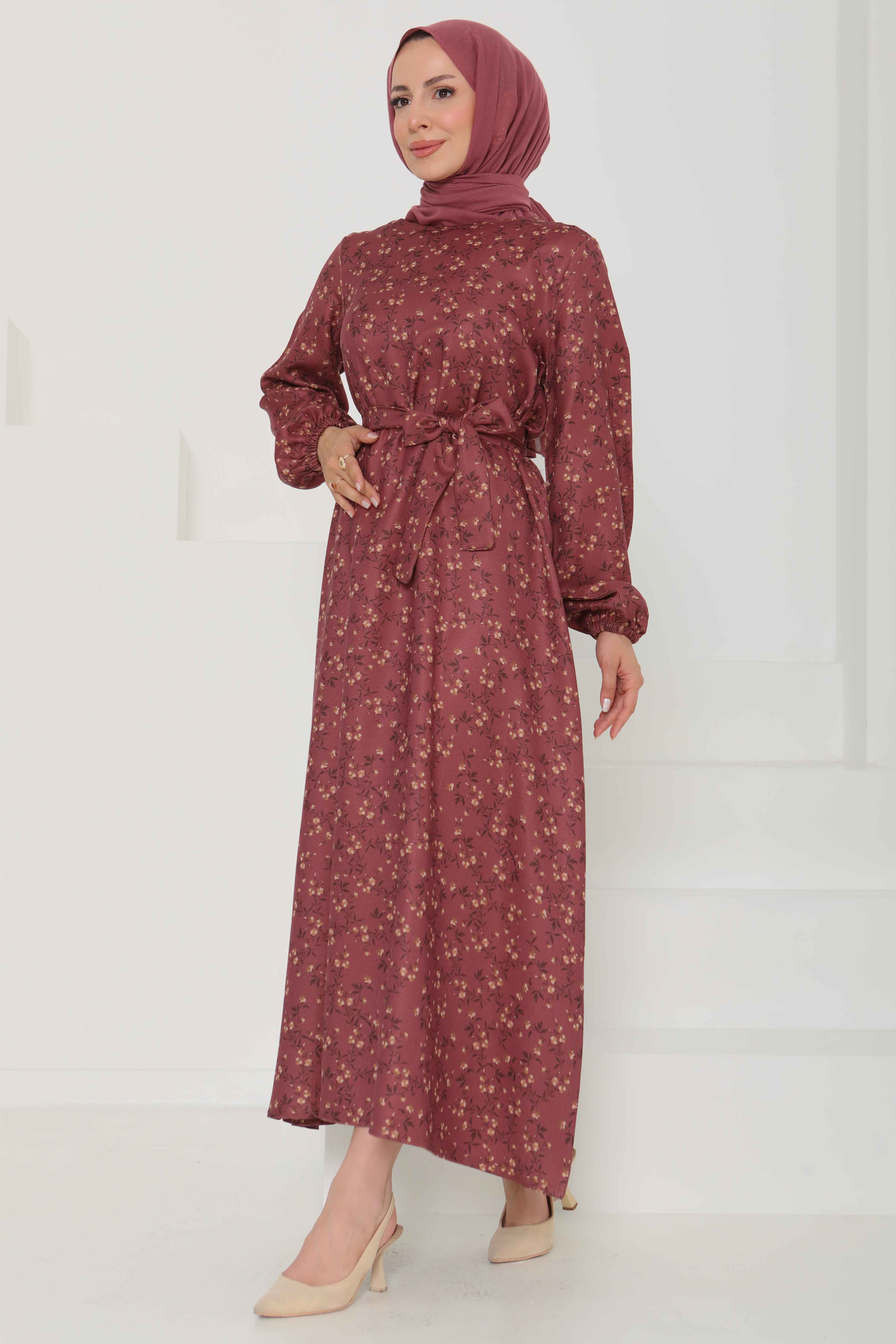 Desenli Kuşaklı Elbise - 27107 - 6