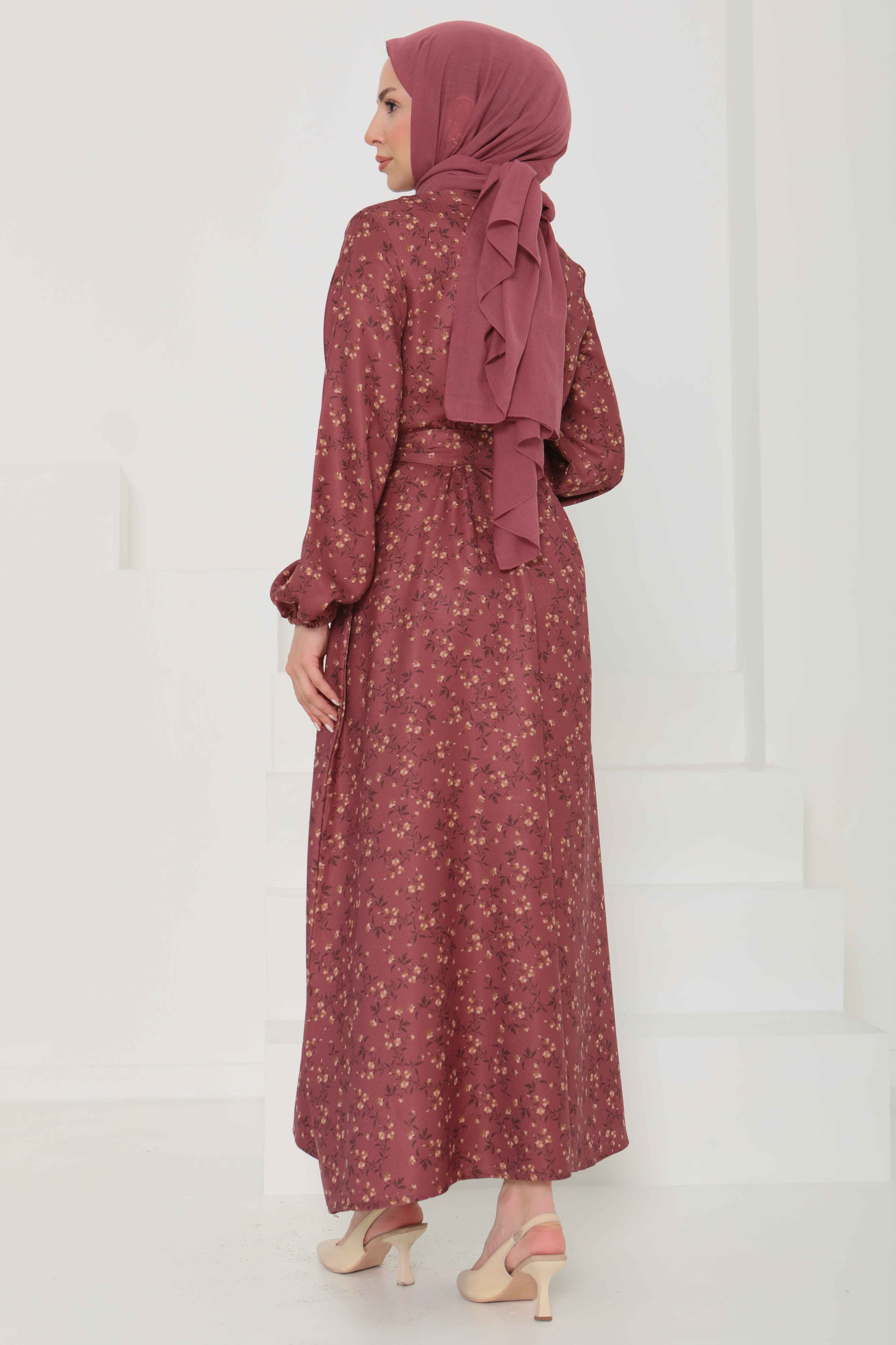 Desenli Kuşaklı Elbise - 27107 - 7