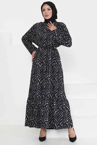 Desenli Kuşaklı Elbise - 27363 