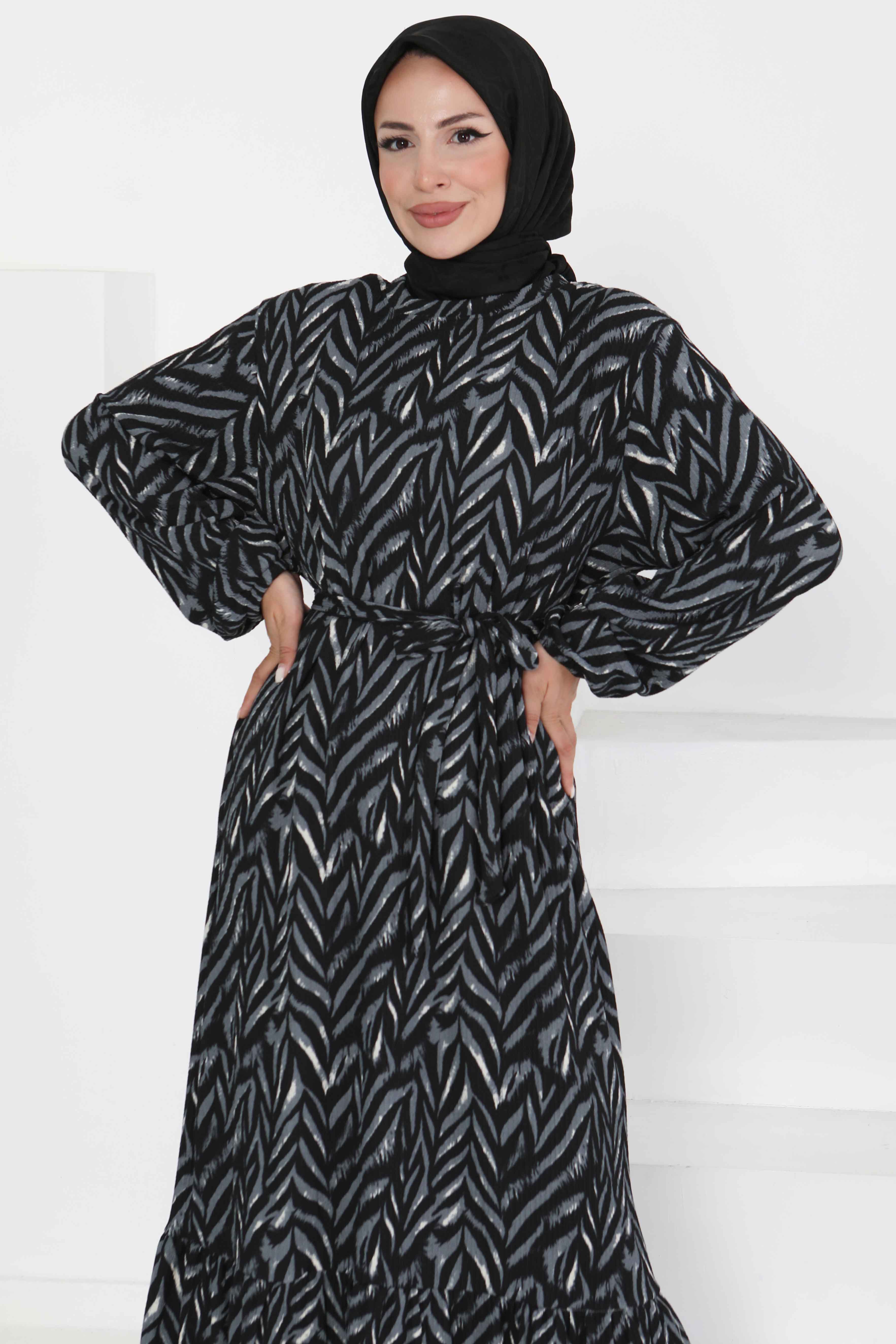 Desenli Kuşaklı Elbise - 27363 - 2