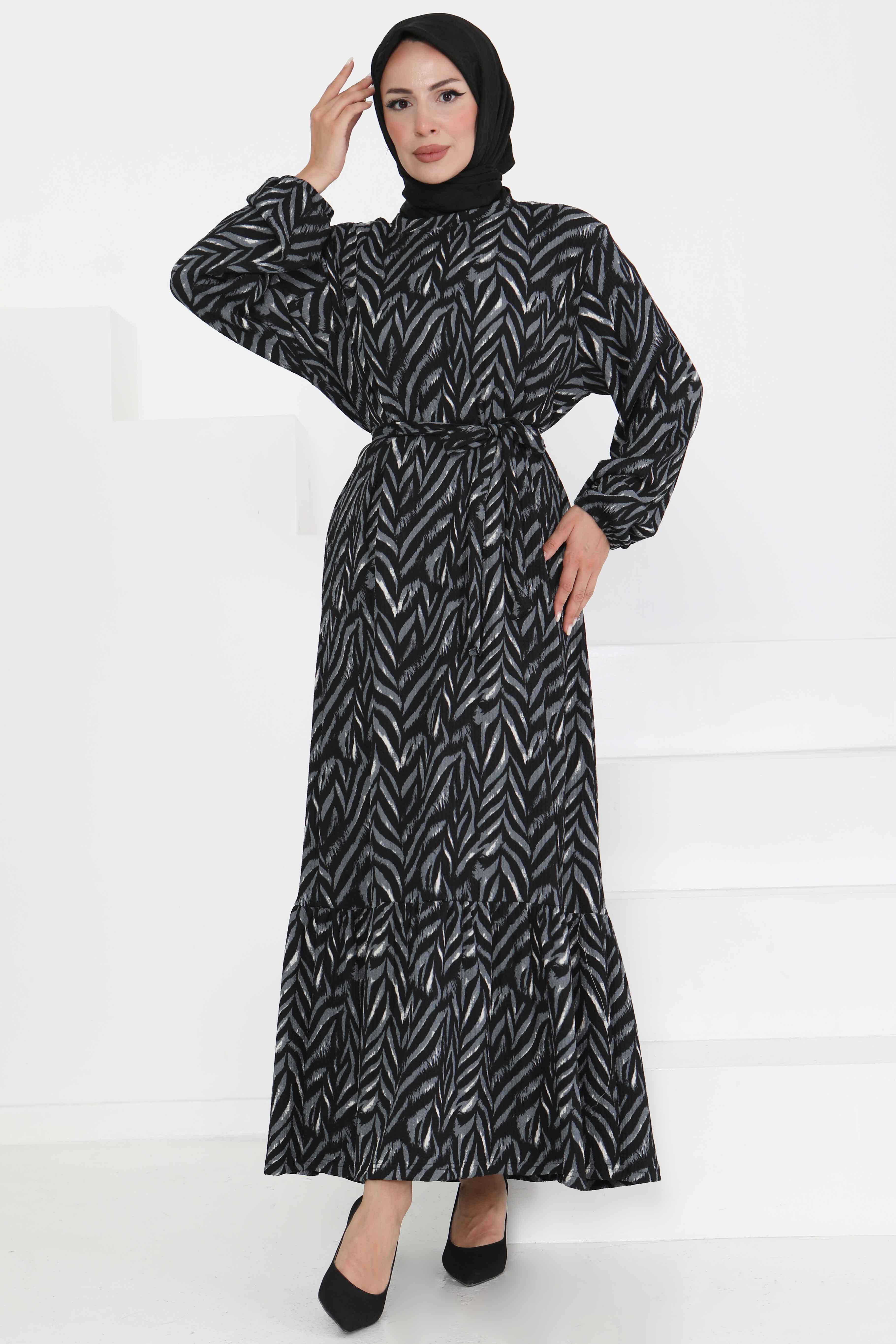 Desenli Kuşaklı Elbise - 27363 - 3