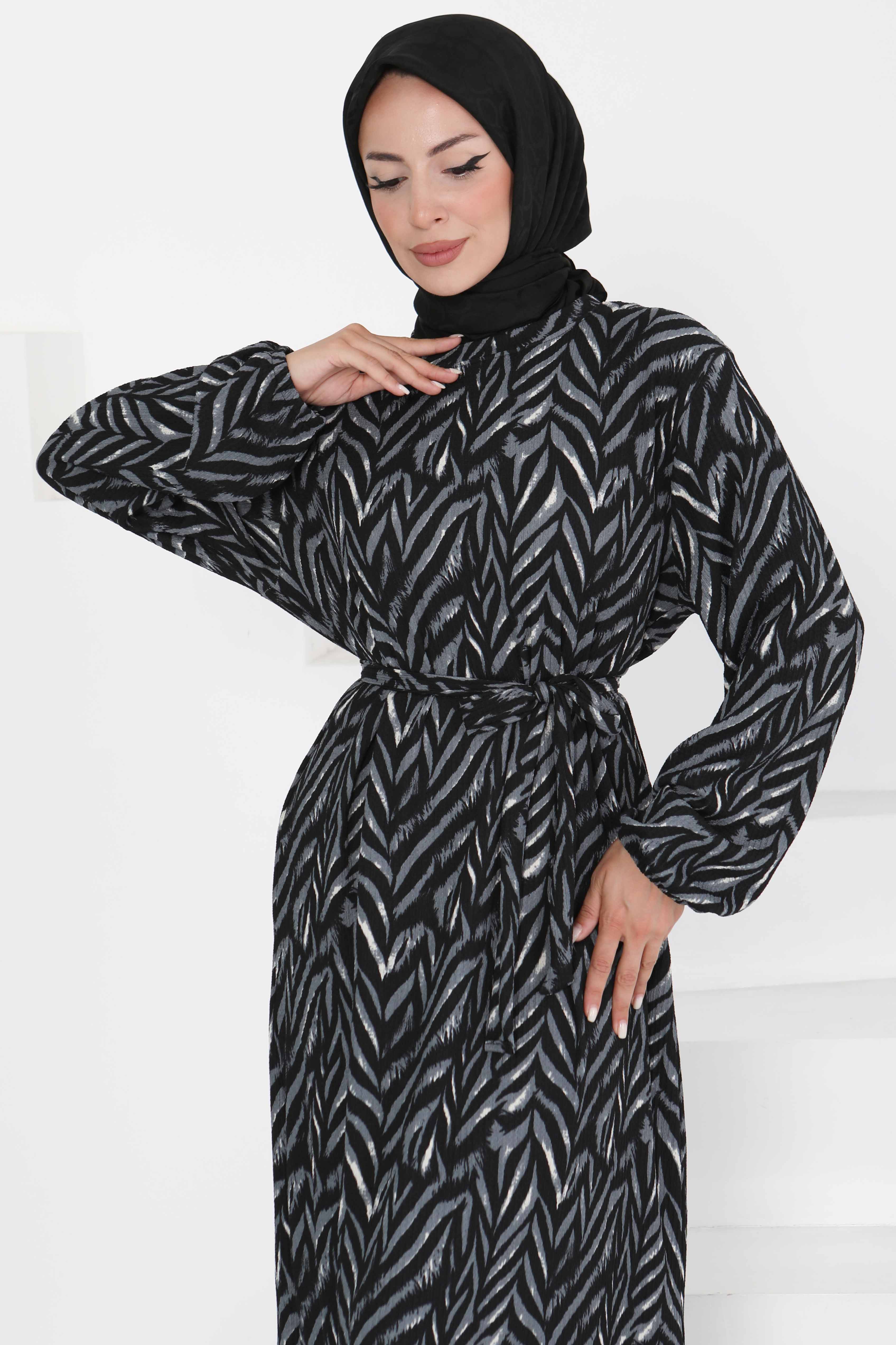 Desenli Kuşaklı Elbise - 27363 - 4