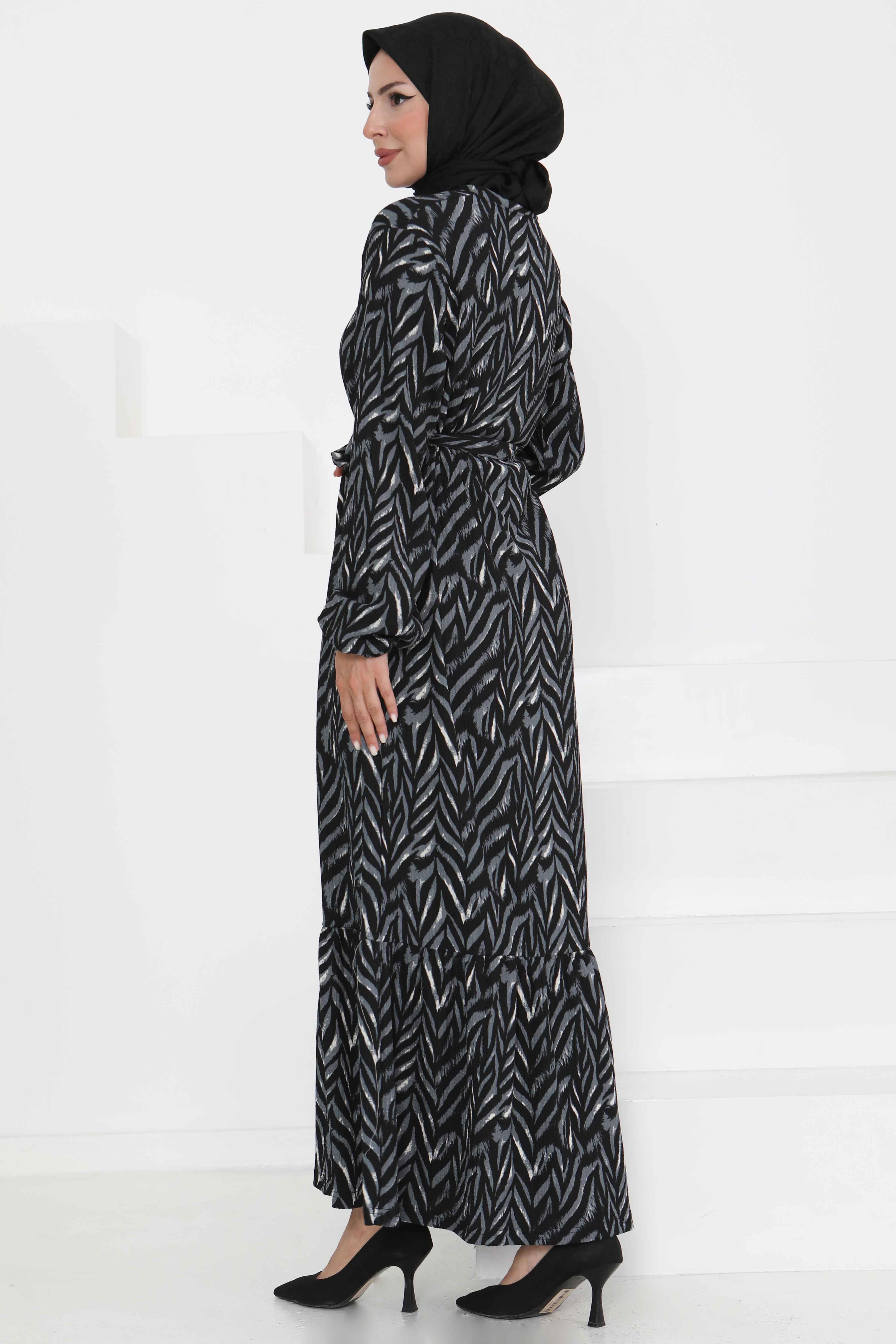 Desenli Kuşaklı Elbise - 27363 - 5