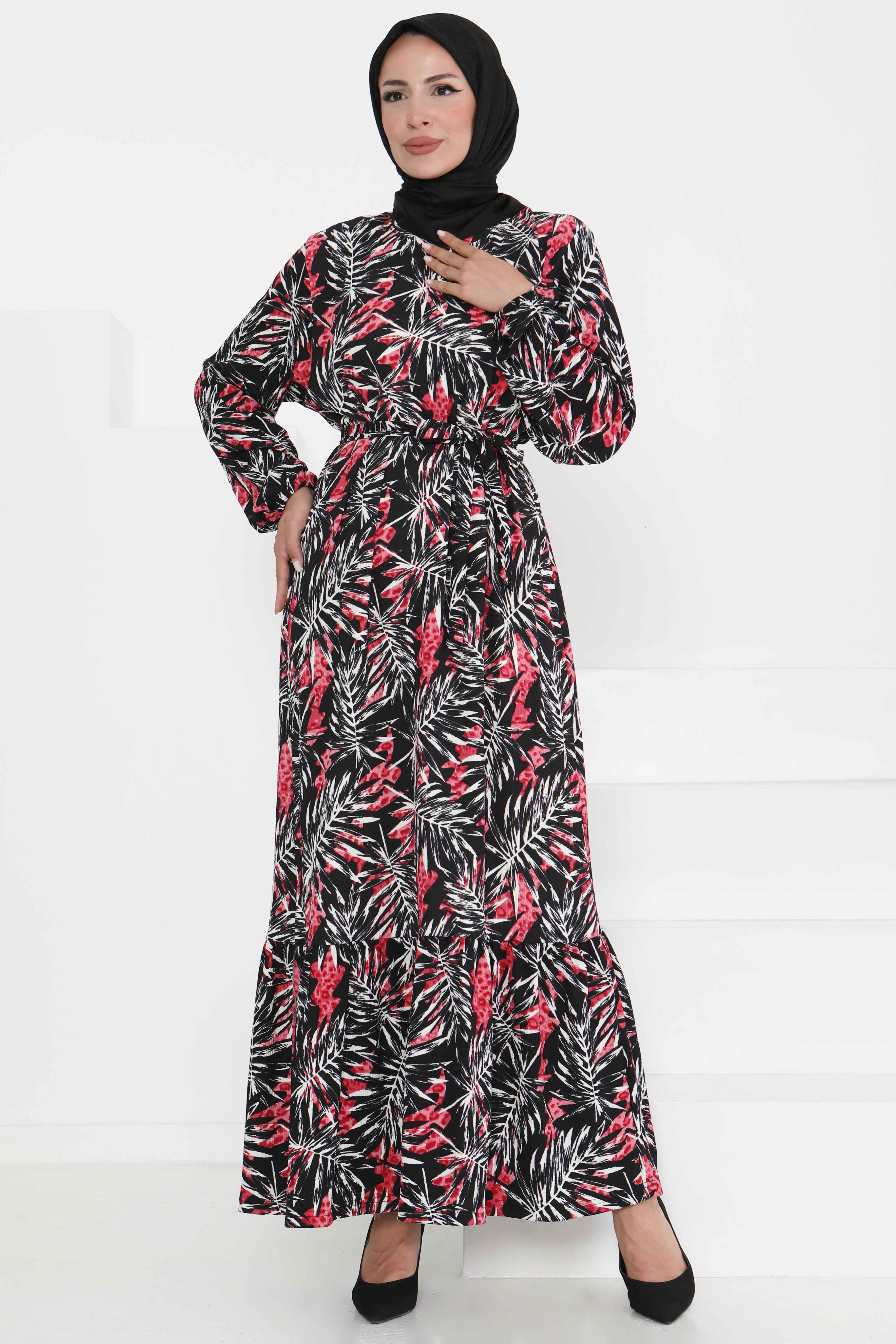 Desenli Kuşaklı Elbise - 27364 - 1