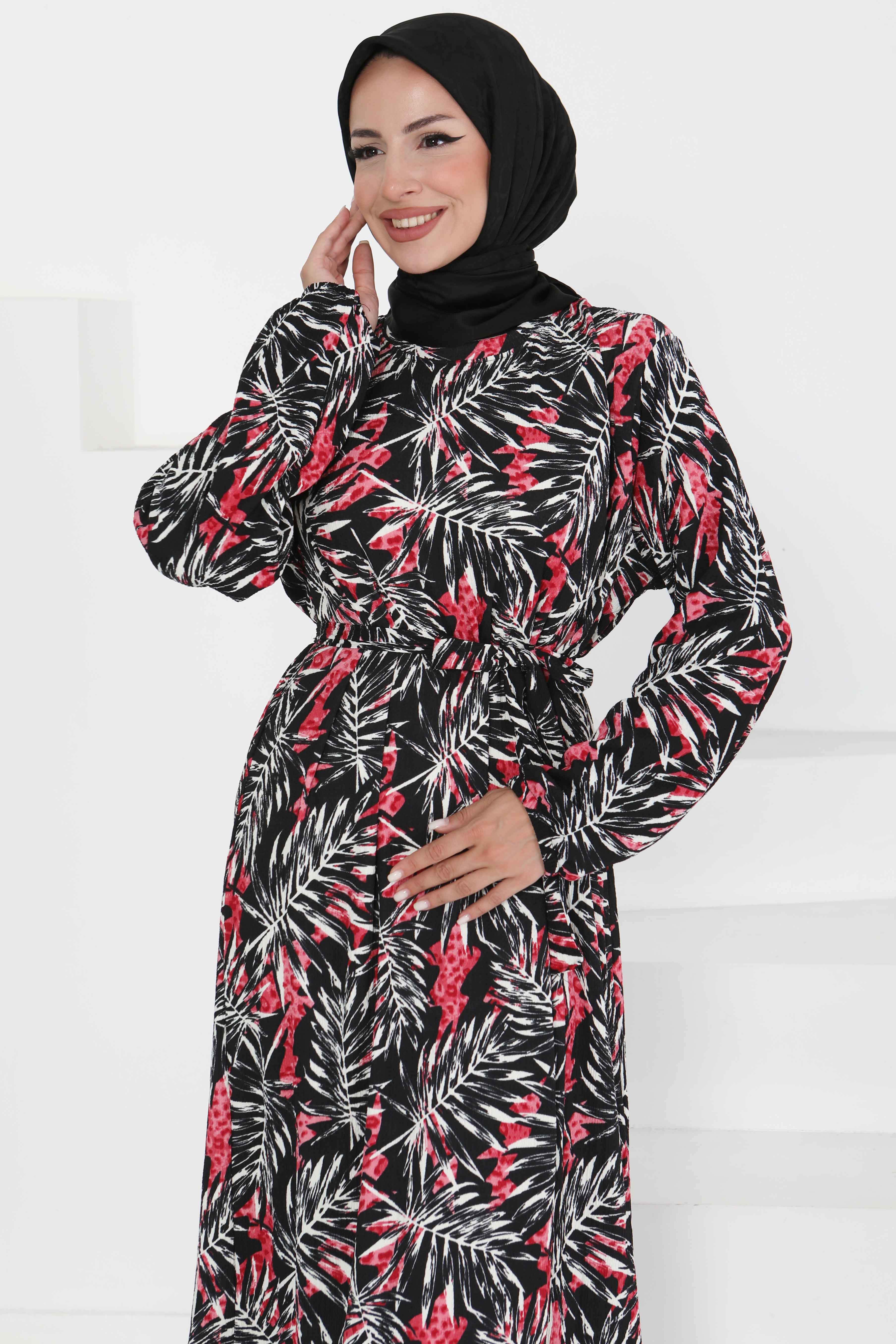 Desenli Kuşaklı Elbise - 27364 - 2