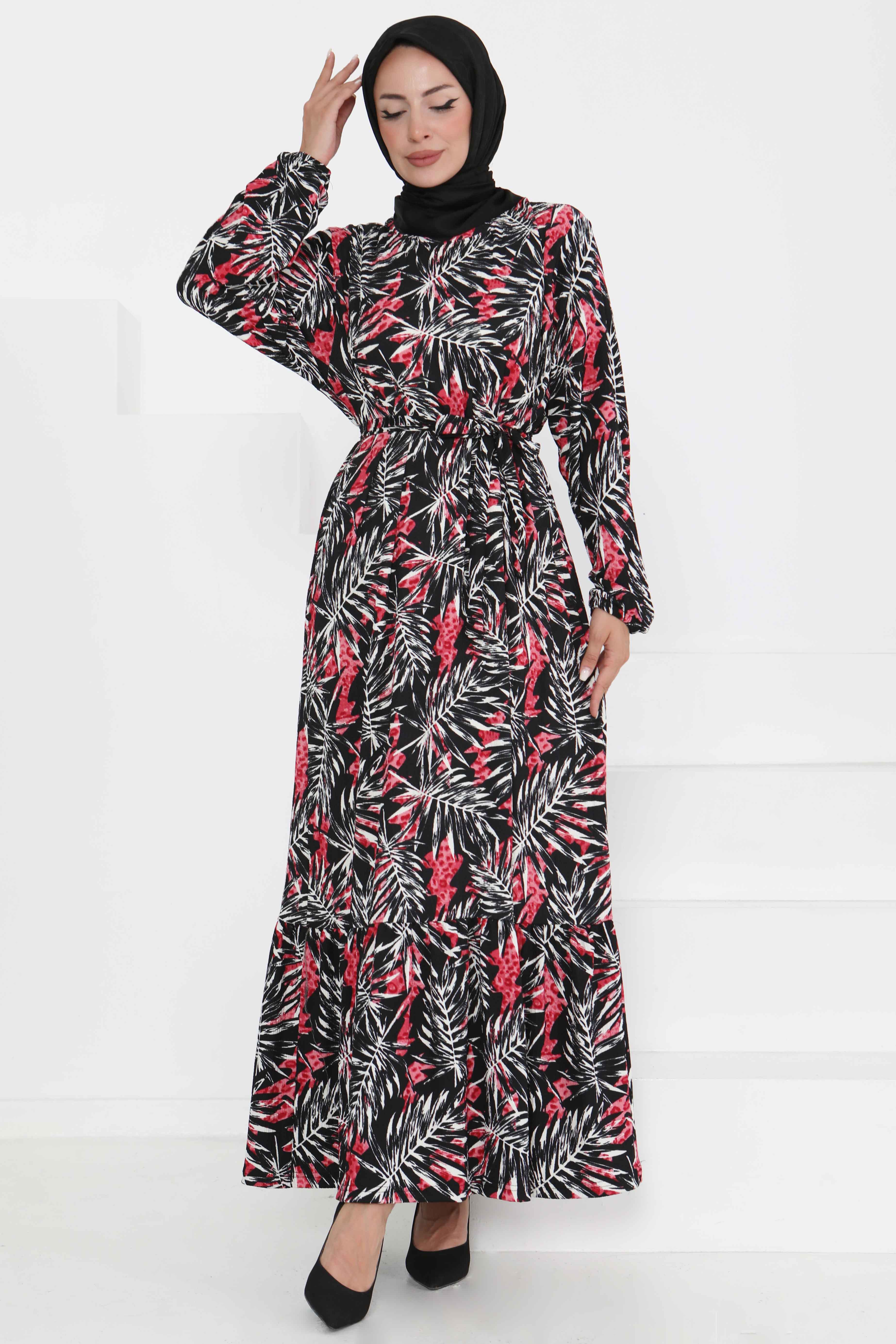 Desenli Kuşaklı Elbise - 27364 - 3