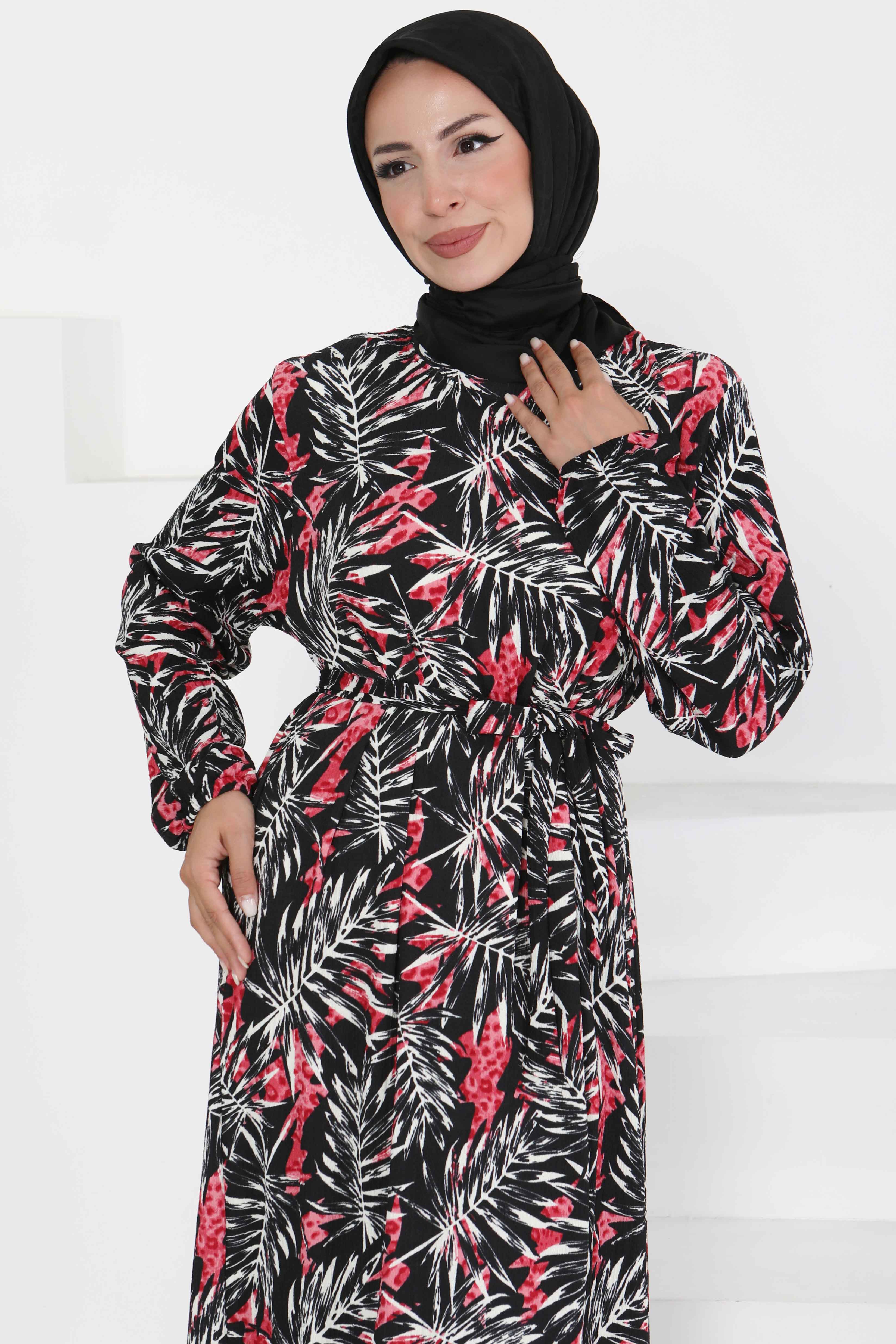 Desenli Kuşaklı Elbise - 27364 - 4