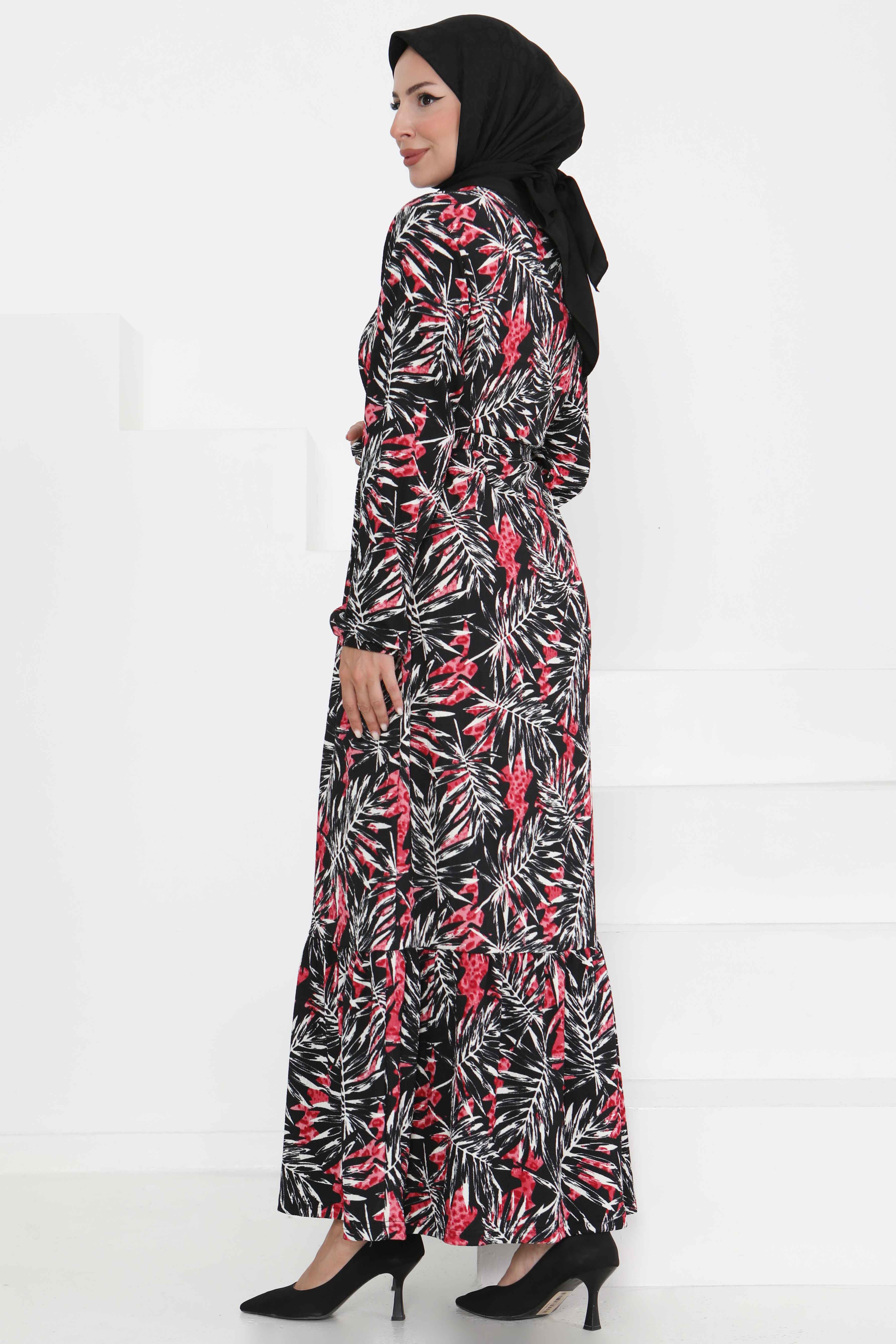 Desenli Kuşaklı Elbise - 27364 - 5