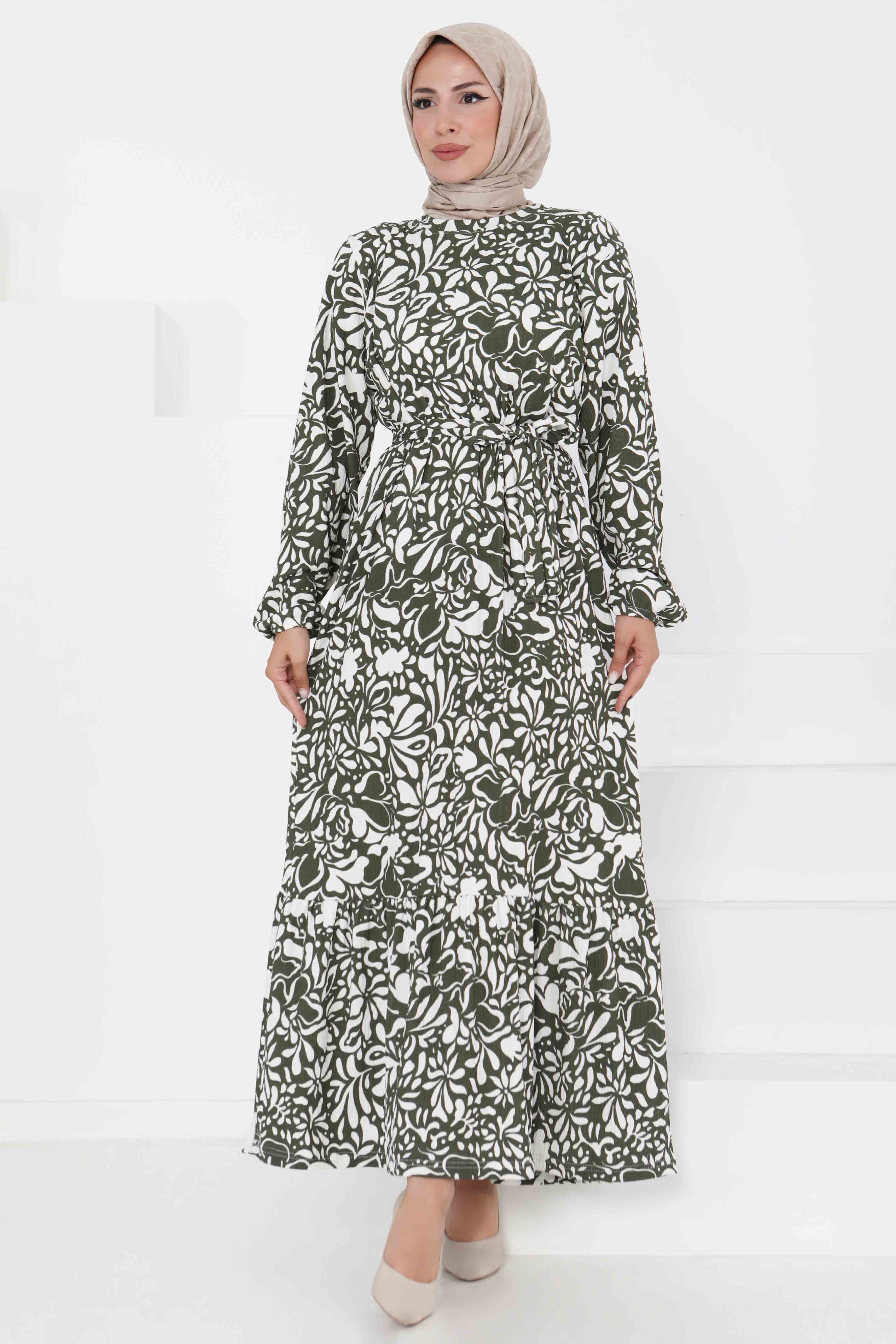 Desenli Kuşaklı Elbise - 27365 - 10