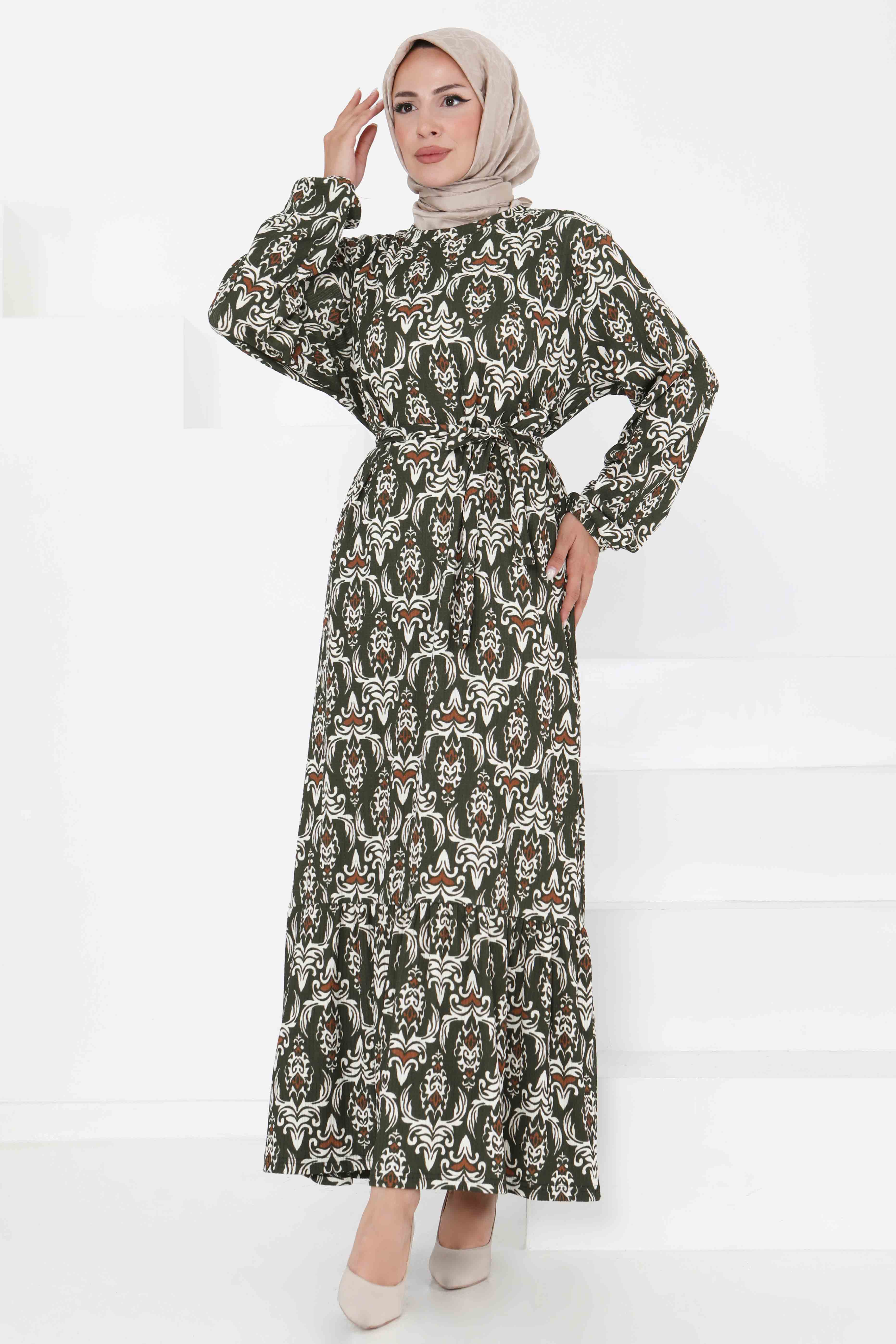 Desenli Kuşaklı Elbise - 27365 - 1