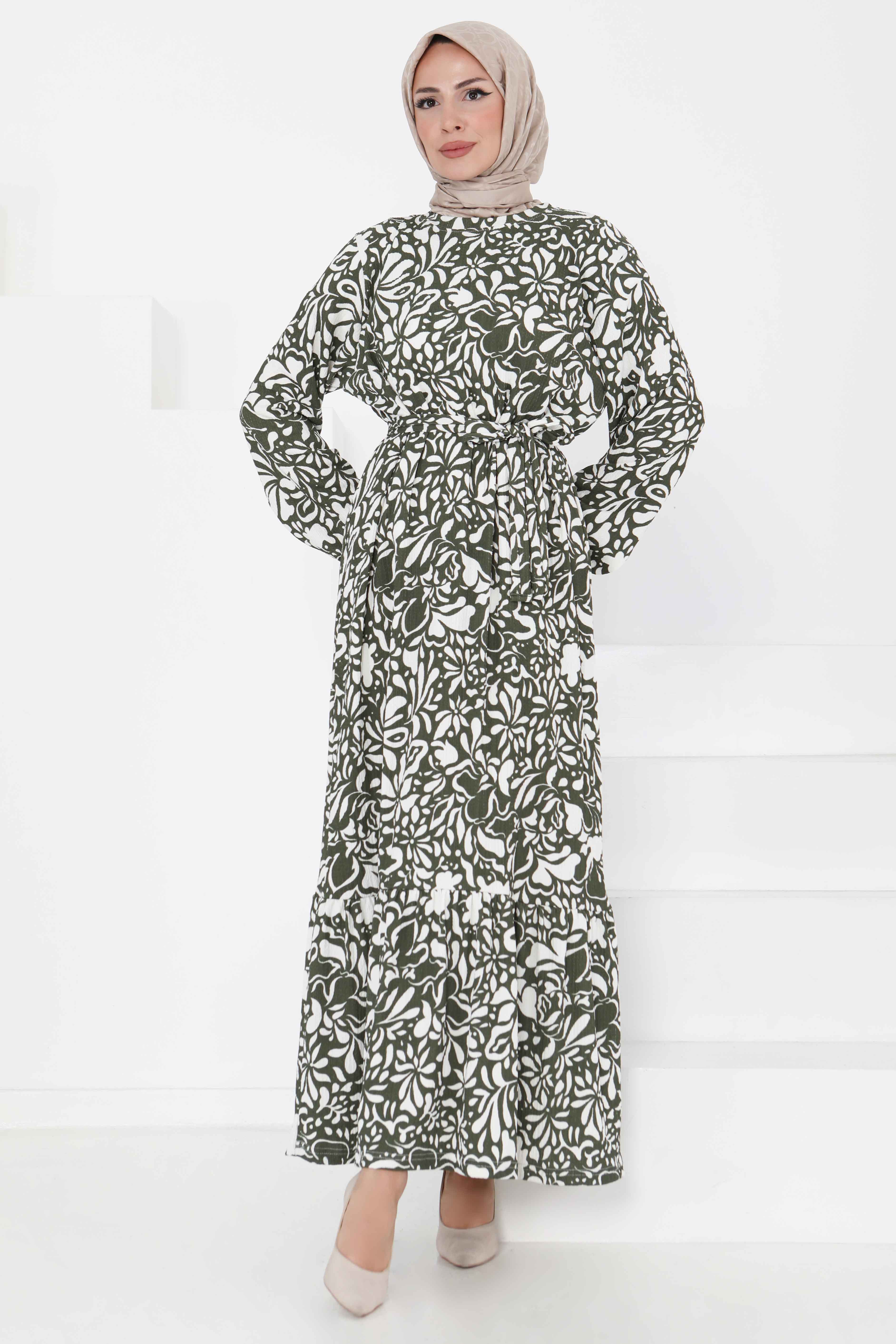 Desenli Kuşaklı Elbise - 27365 - 9