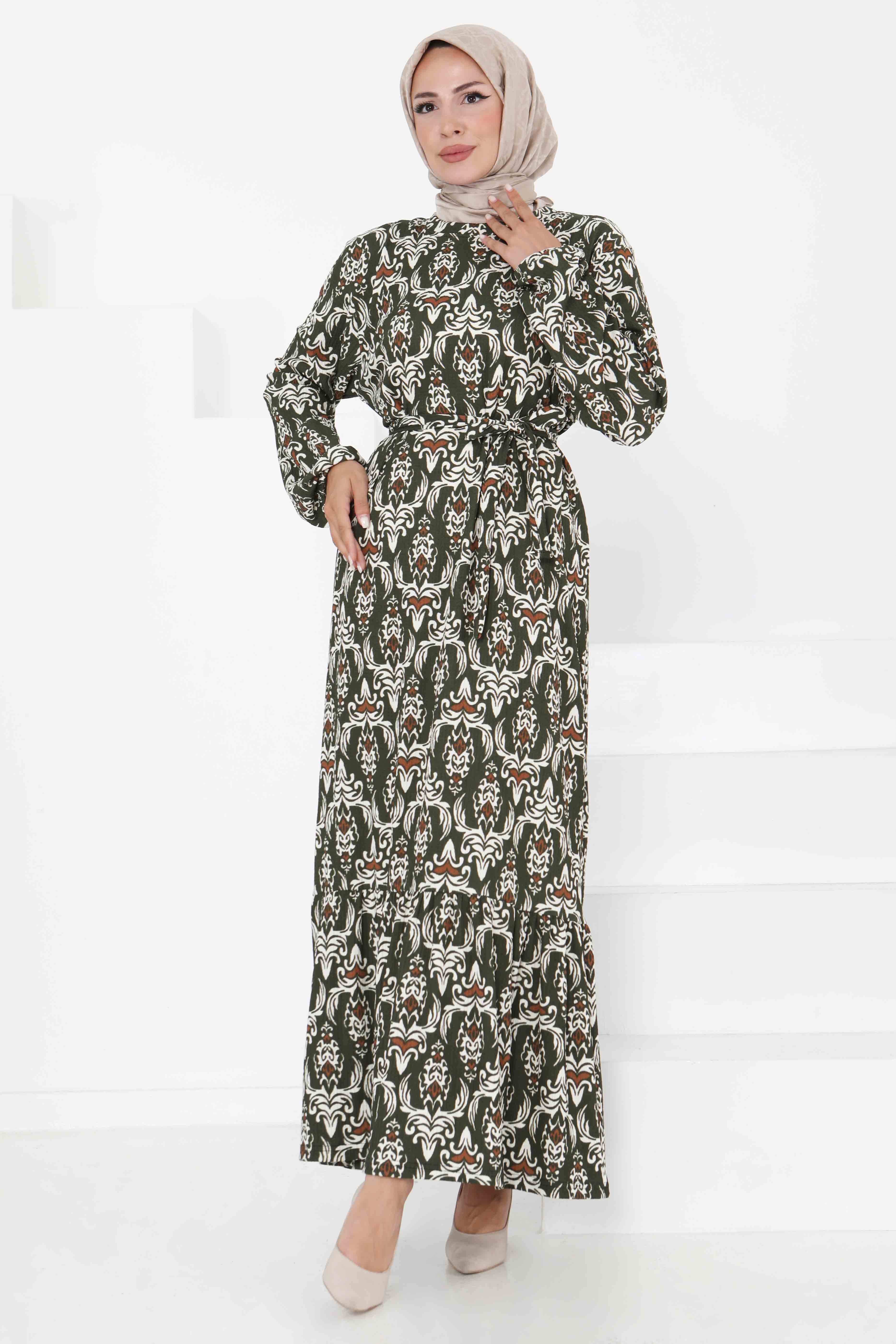 Desenli Kuşaklı Elbise - 27365 - 2