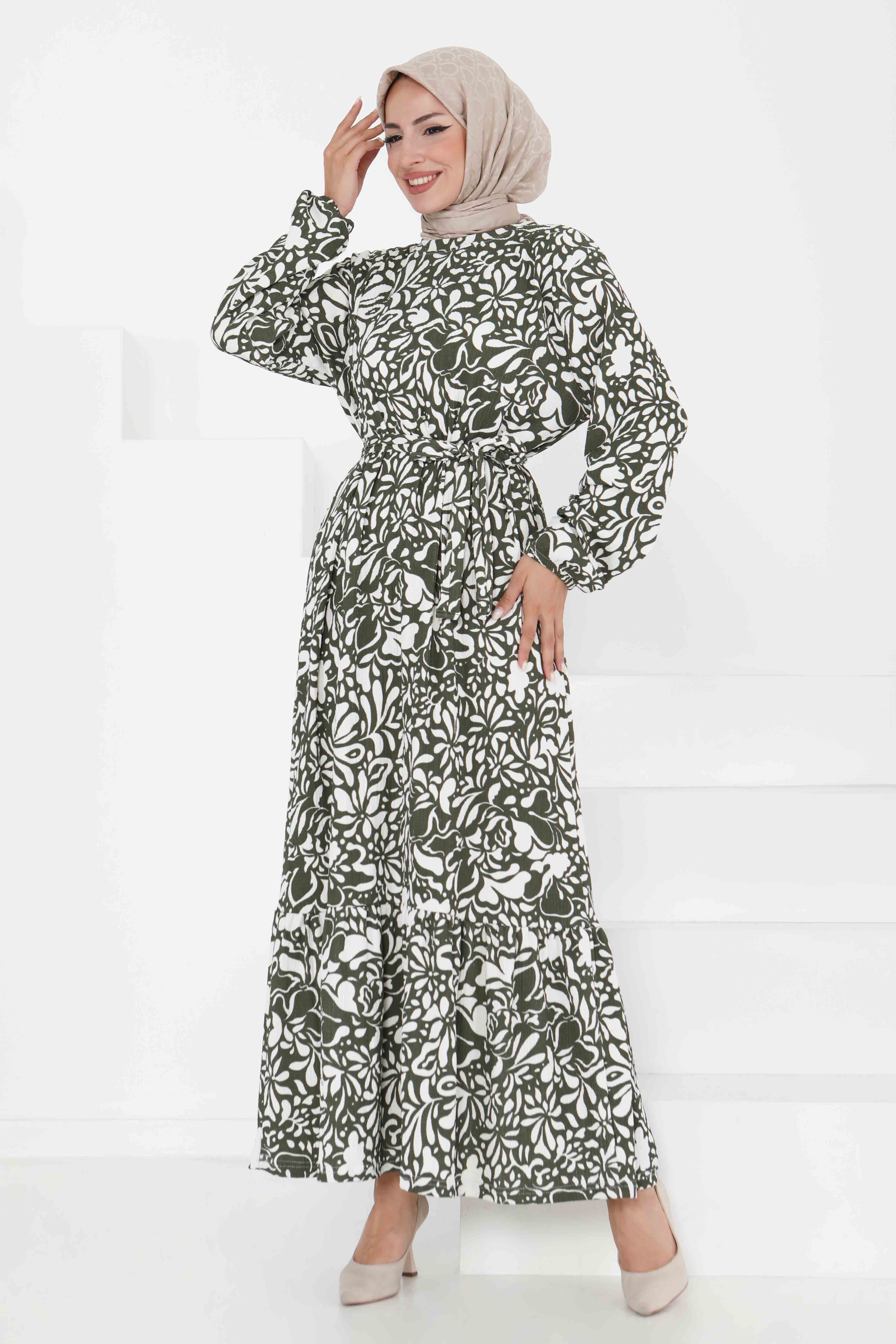 Desenli Kuşaklı Elbise - 27365 - 8