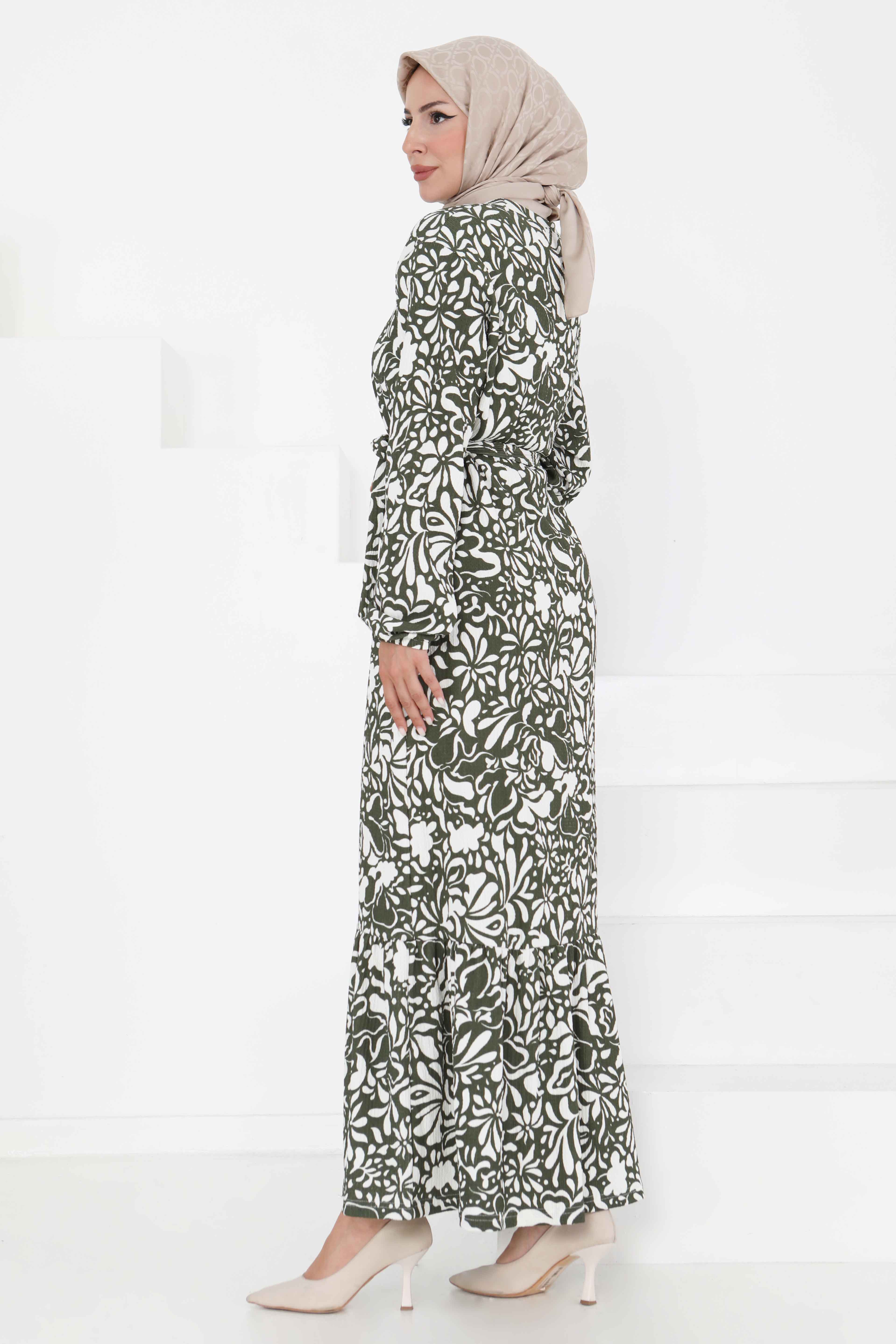 Desenli Kuşaklı Elbise - 27365 - 6