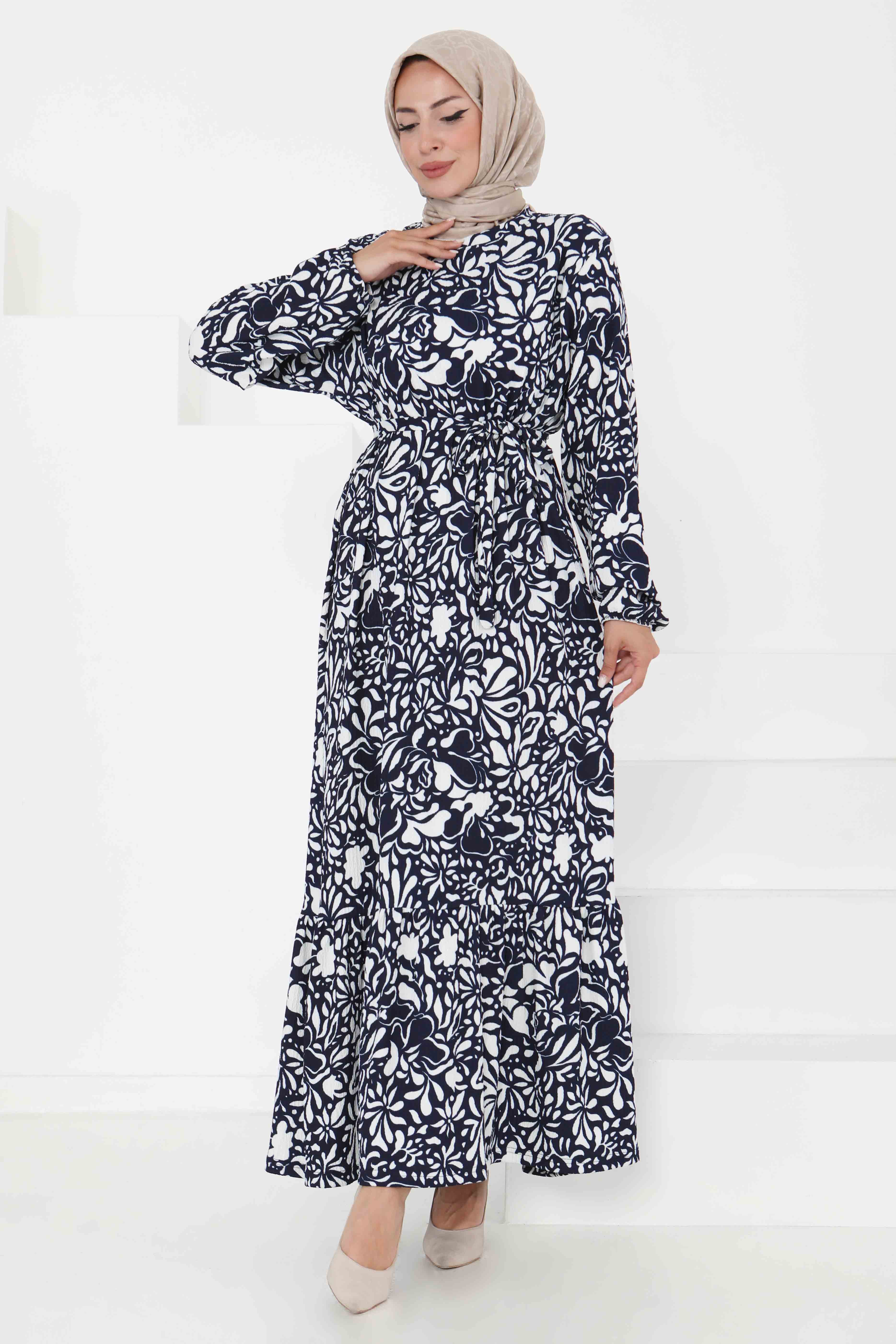 Desenli Kuşaklı Elbise - 27366 - 2